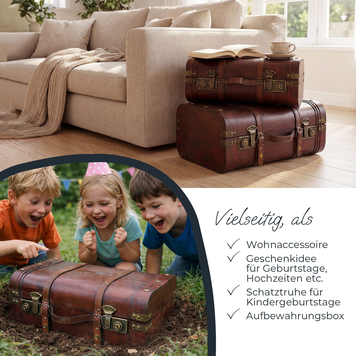 HMF Schatzkiste Schatztruhe aus Holz große Schatzkiste mit Schnappverschlüssen Vintage (1 St), Koffer für Kindergeburtstag Hochzeit Jubiläum 40 x 23,5 x 16,5 cm Peru