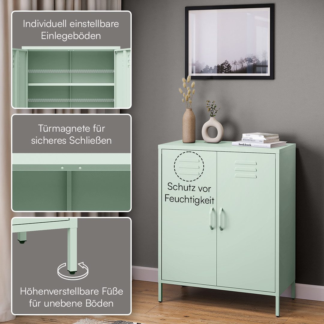 skølm Kommode Atria aus Metall (Pastellgrün, 3 Fächer), höhenverstellbare Böden, Highboard auch verfügbar mit Schubladen