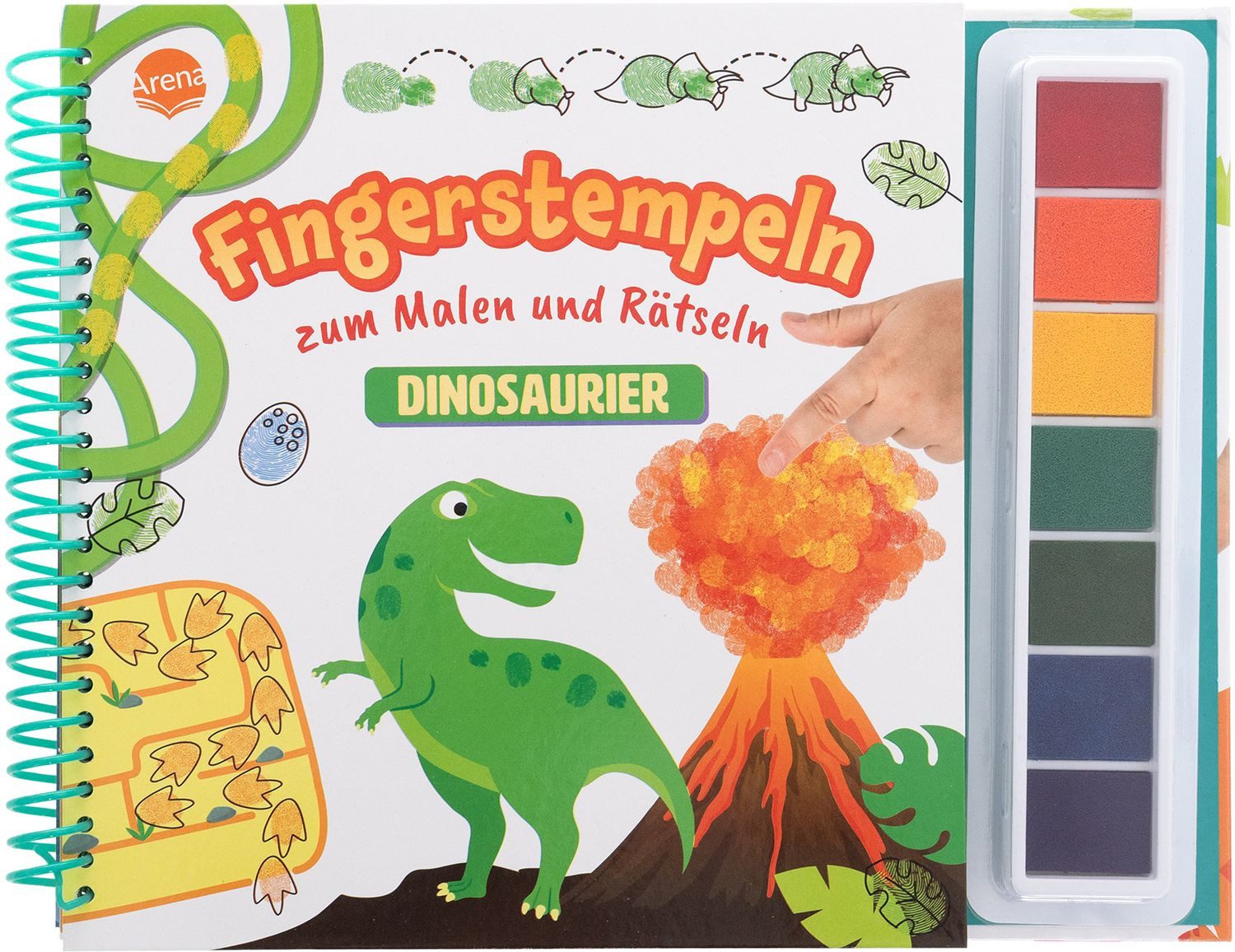Fingerstempeln zum Malen und Rätseln. Dinosaurier / diverse, Stempelset für Kinder ab 5 Jahren mit 7 Stempelfarben und Mal- und Rätselheft. Beschäftigung