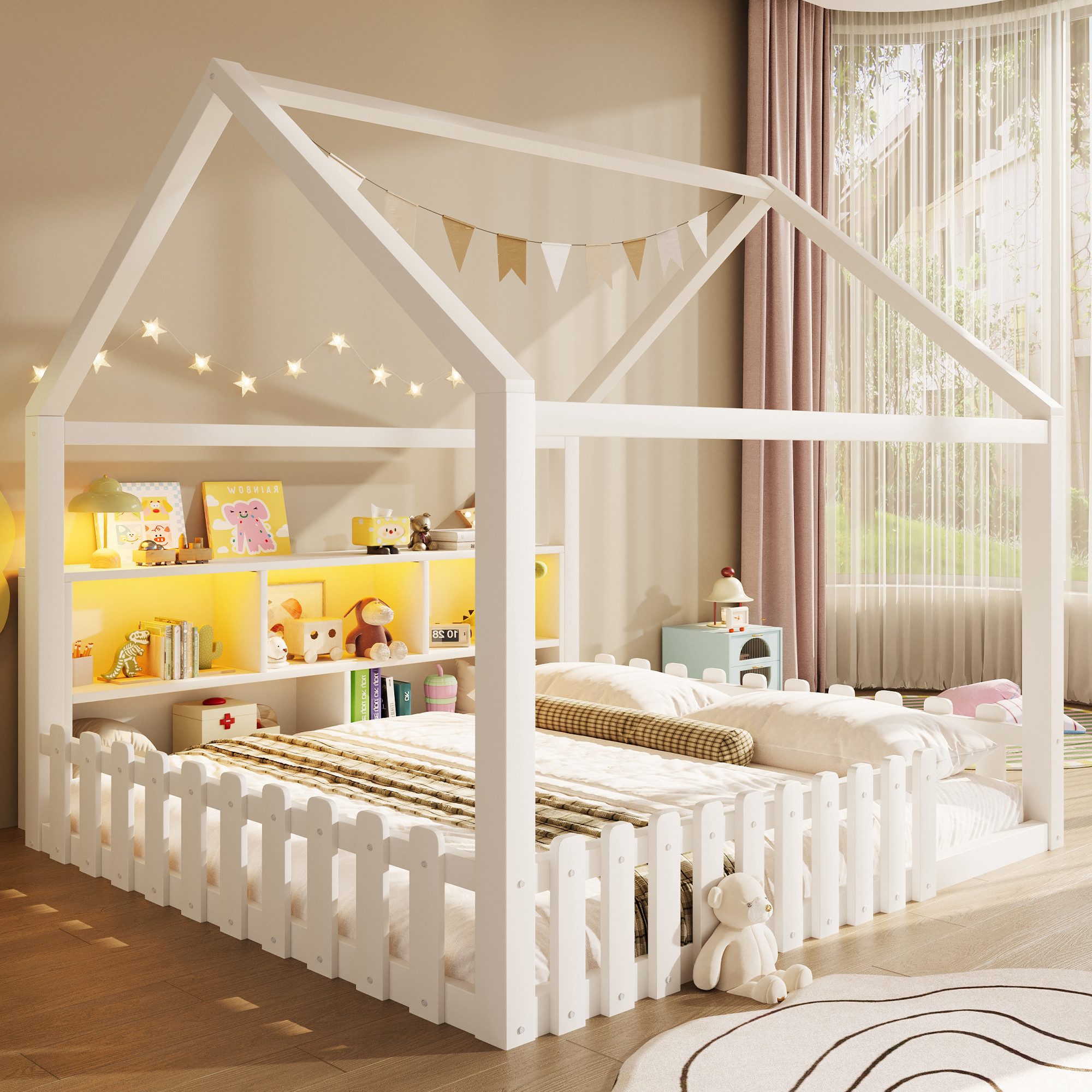 Merax Kinderbett mit LED-Lichtleiste (Kiefer Bodenbett Jugendbett, 1-tlg), Flachbett Hausbett 140x190cm mit LED-Lichtleiste & offenen Staufächern – Bild 4 von 5