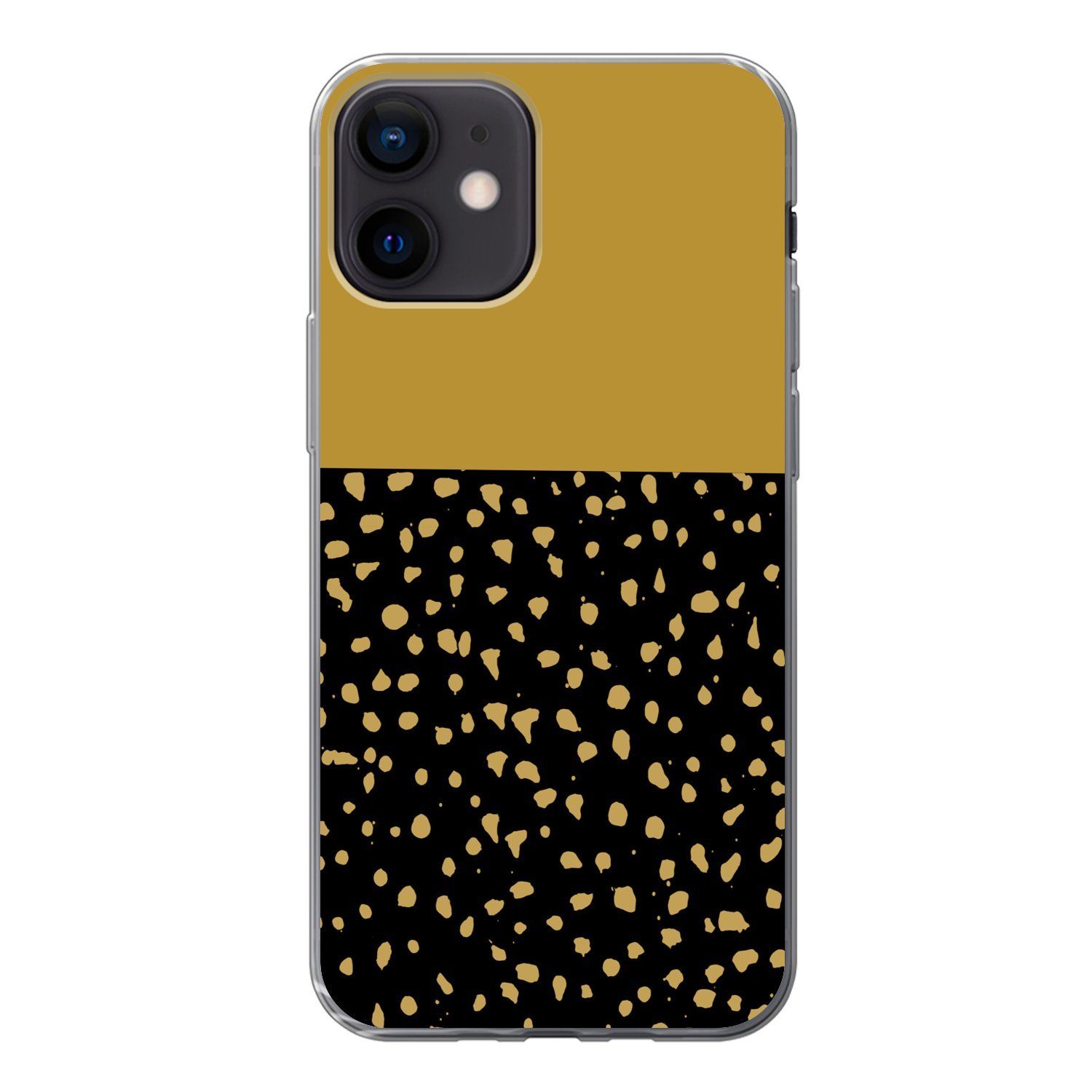 MuchoWow Handyhülle für Apple iPhone 12 Polka dots - Ockergelb - Schwarz, Smartphone-Bumper, Print, Handy Schutzhülle Dünn