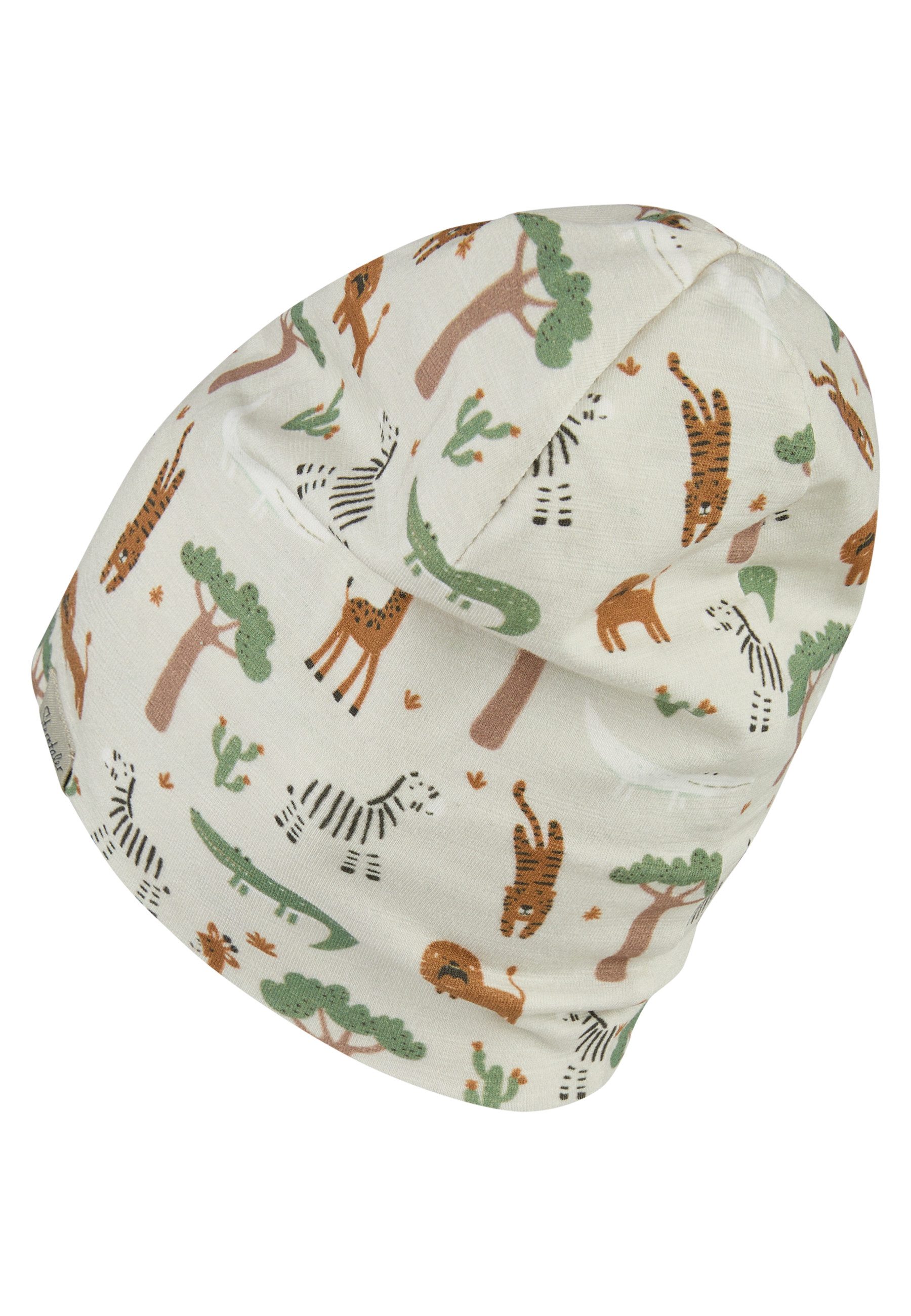 Sterntaler® Beanie Beanie Safaritiere (1-St) Beanie aus Flammgarn Jersey mit Safaritieren, tragbar auf zwei Arten