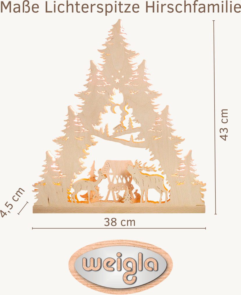 Weigla Lichterbogen Hirschfamilie, Lichterspitze aus Holz, NATUR, Made in Germany (1-tlg), Erzgebirge garantiert, Weihnachtsdeko Innen, Weihnachtsbeleuchtung