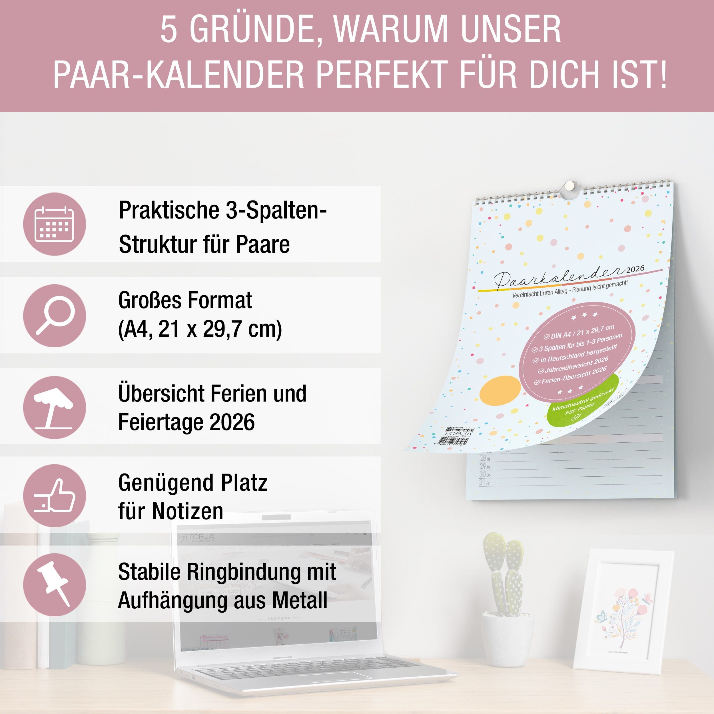 Thumbnail - TOBJA Wandkalender Paarkalender 2026 3 Spalten Planer für zwei, A4 Wandkalender Familienplaner 2026
