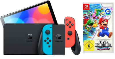 Nintendo Switch OLED Konsole Schwarz Blau Rot (Bundle, inkl. Super Mario Bros. Wonder Spiel), Handheld Spielekonsole Neonrot/Neonblau Set