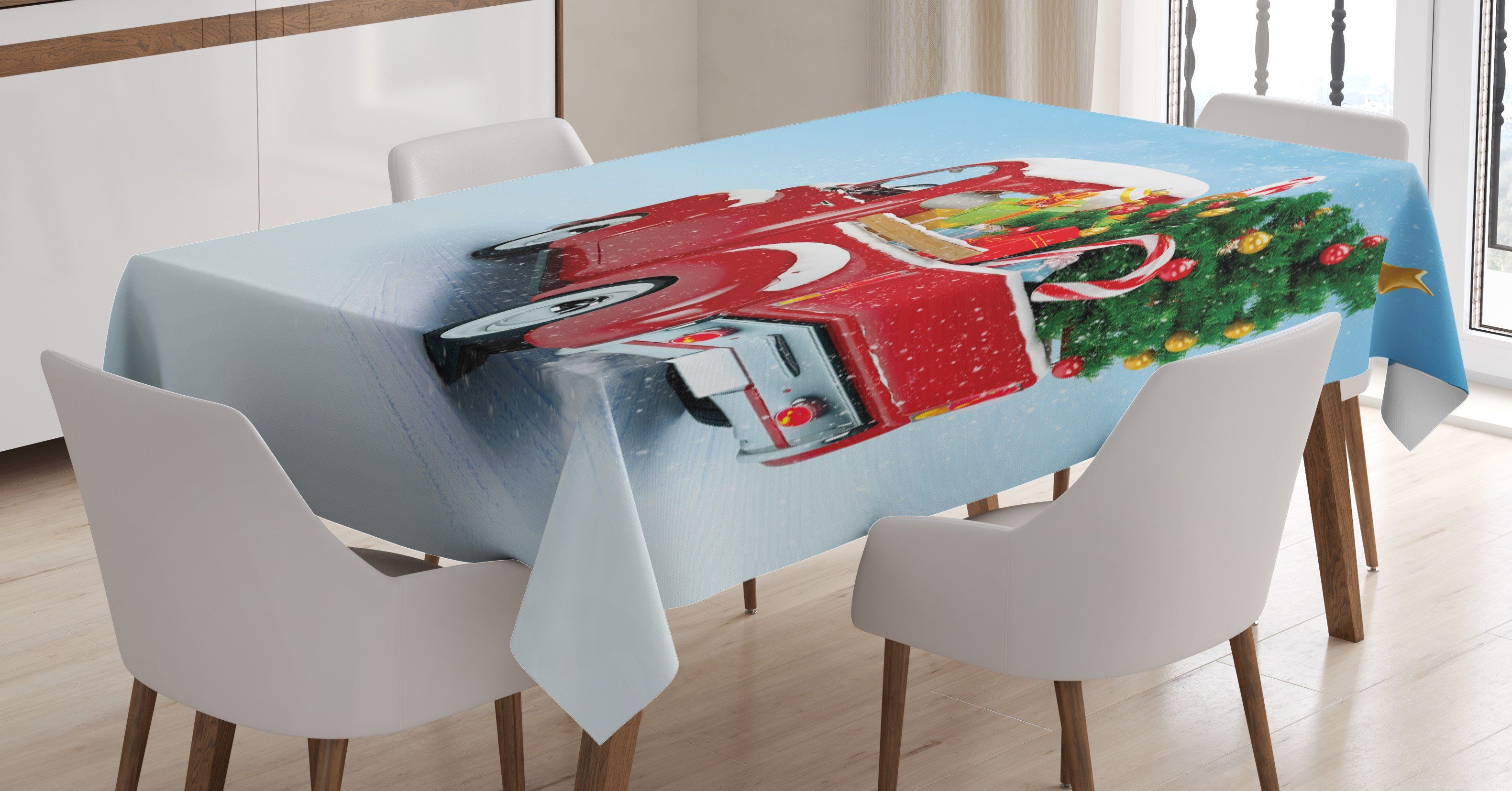 Abakuhaus Tischdecke Farbfest Waschbar Für den Außen Bereich geeignet Klare Farben, Weihnachten Rot-LKW Weihnachtsbaum | Tischdecken