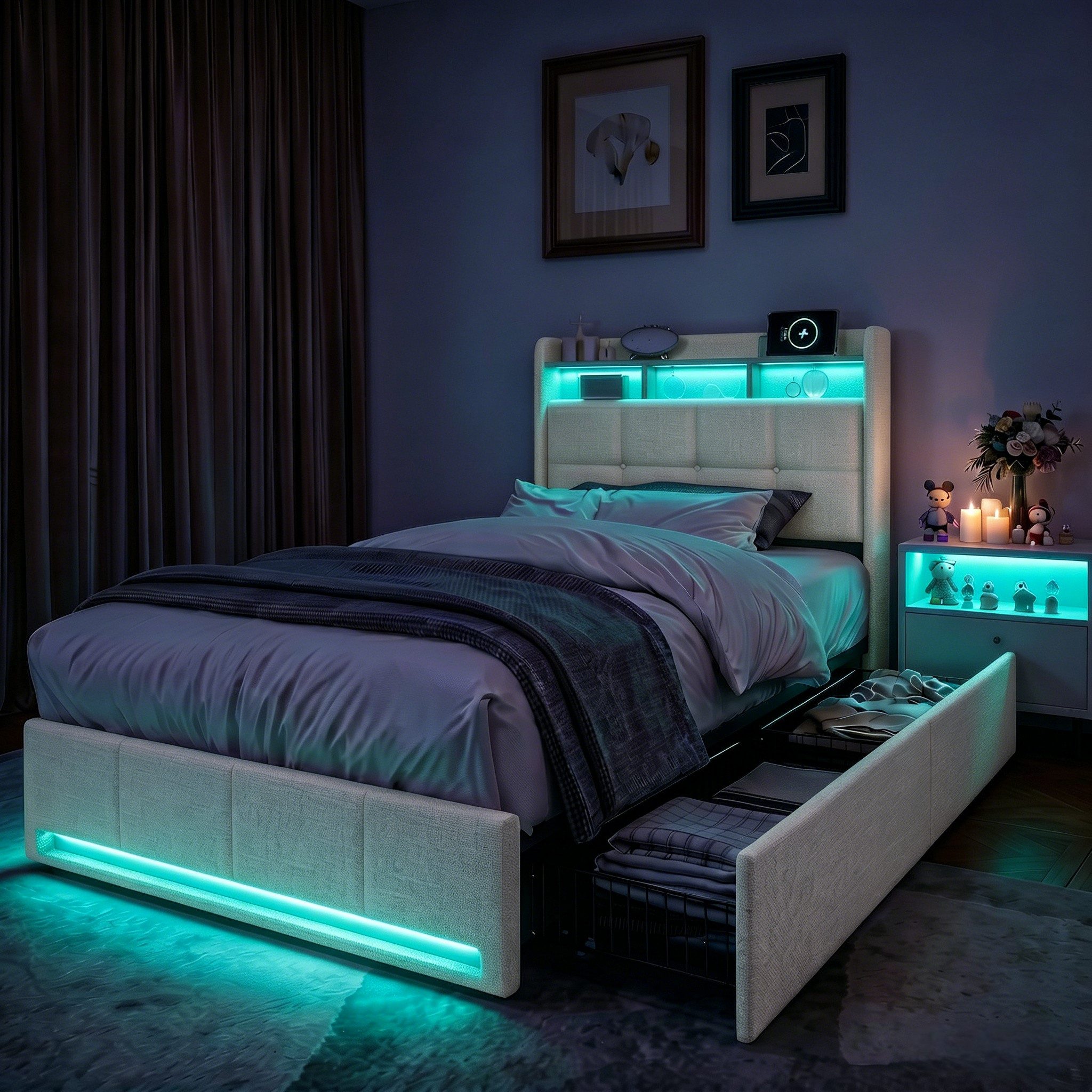 PXloue Polsterbett 180x200 cm LED Doppelbett, mit USB-Laden und Stauraum am Kopfteil,Leinen,90x200 cm