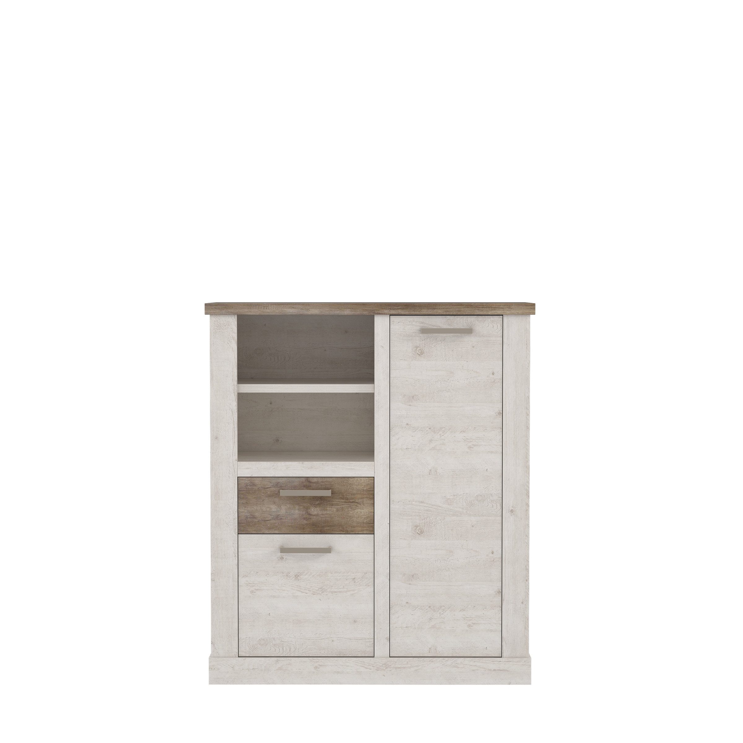 freiraum Highboard DURO, 2 Türen, Pinie Weiss / Eiche Antik Dekor - 109,8x128,3x41,3cm (BxHxT)