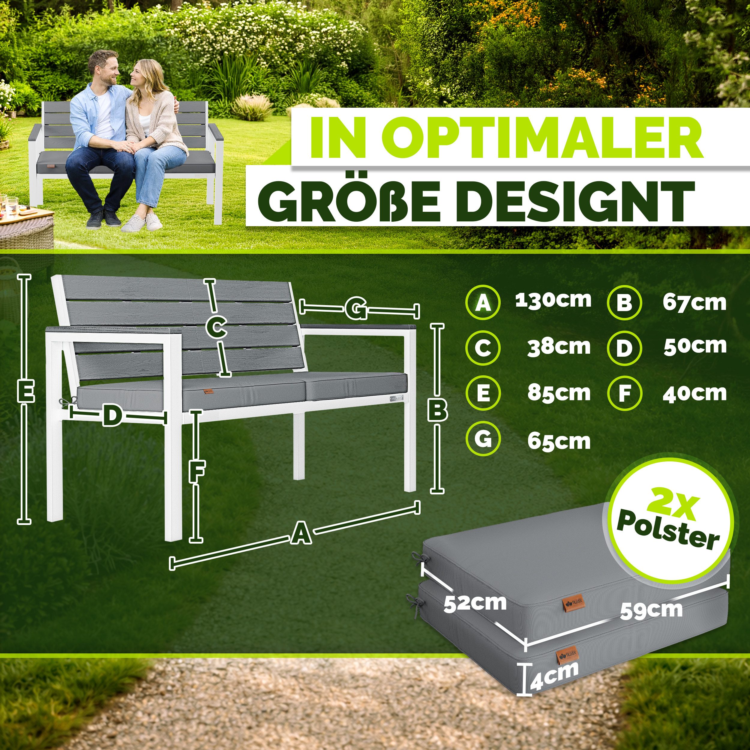 tillvex Gartenbank tillvex® Gartenbank mit Abdeckung & Kissen in Holzoptik bis 300kg (Garten Terrasse Balkon mit waschbarem Bezug, Parkbank in Holzoptik belastbar UV-beständig Sitzbank), Wetterfest 2-3 Sitzer mit Abdeckung & Kissen bis 300 kg