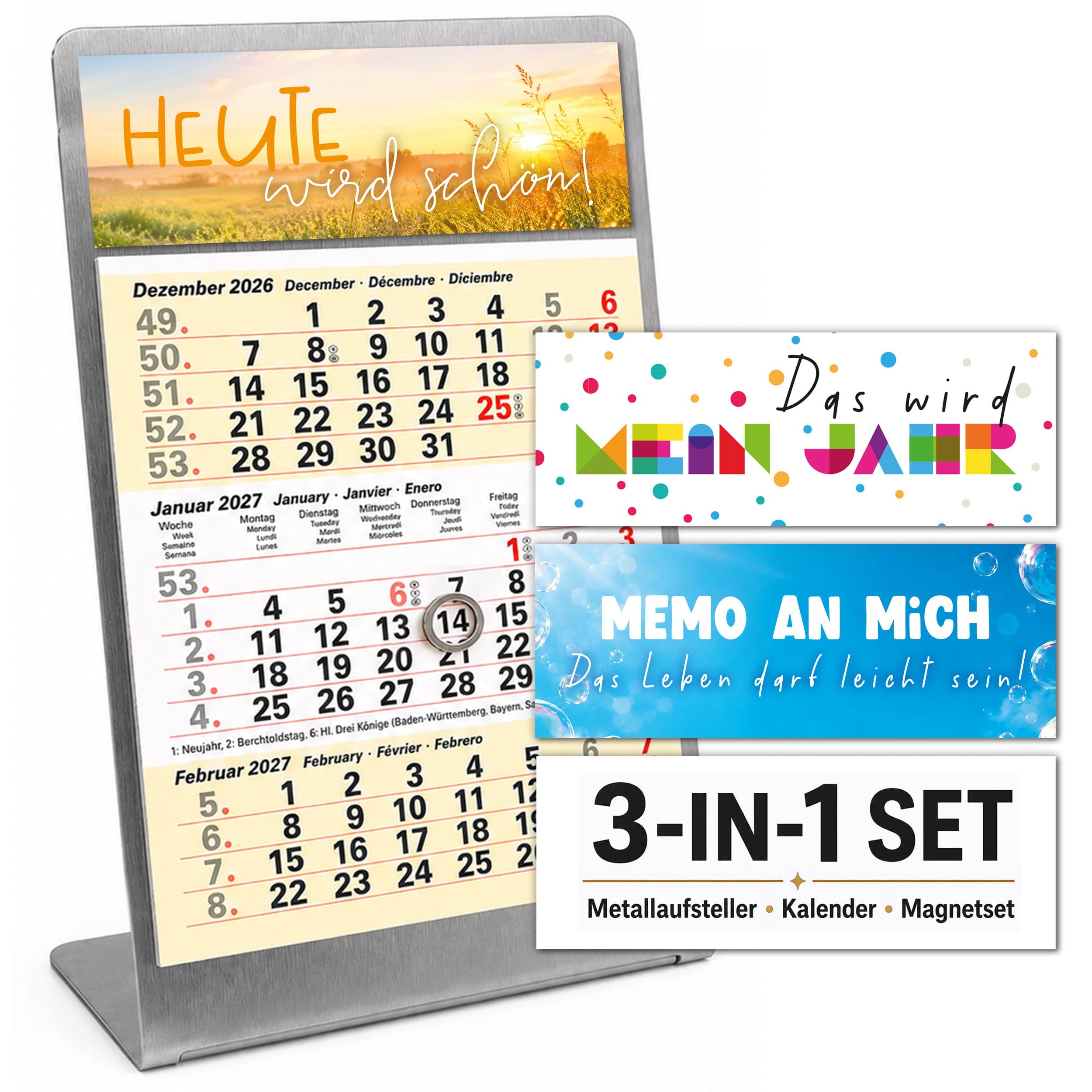 TOBJA Tischkalender Tischkalender 2027 Set + Deko-Magnete Metallaufsteller (Sand), Aufsteller + Kalender, 3 Deko-Magnete, Datumsschieber, mehrsprachig