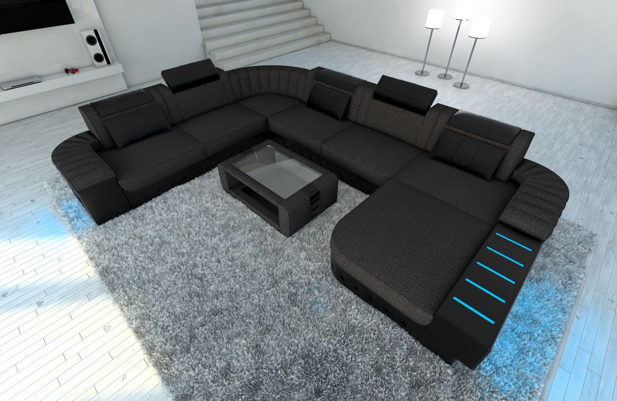 Couch Form Wohnlandschaft LED, mit U H12 Schlafsofa, Sofa Dreams Designersofa XXL Sofa als mit Bellagio Polster Bettfunktion Grau-Schwarz Stoffsofa, Schwarz wahlweise Stoff
