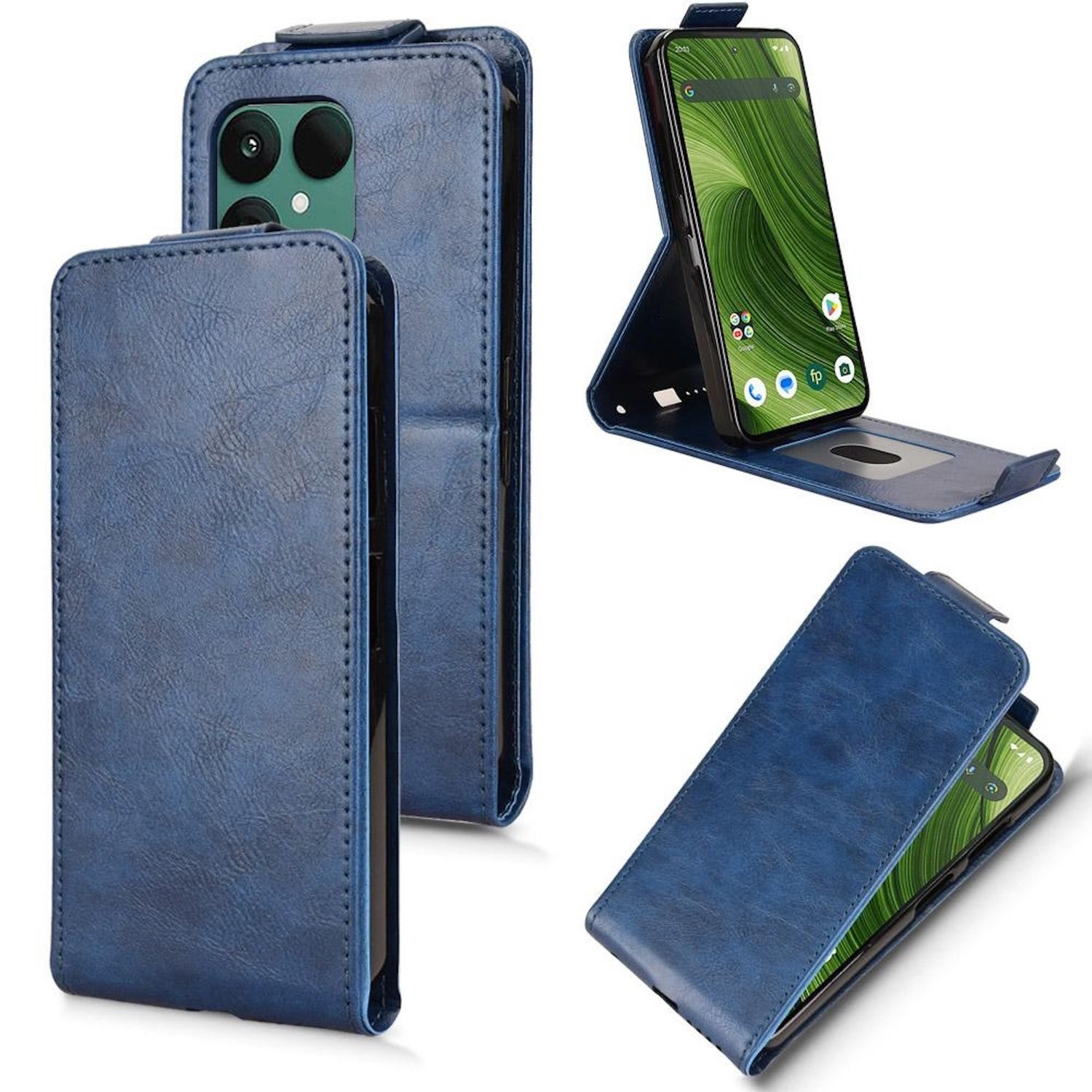 Wigento Smartphone-Hülle Für Fairphone 6 Magnetische Vertikale Flip Kunstleder Hülle Blau, Magnetverschluss, Kartenfächer, Halterfunktion