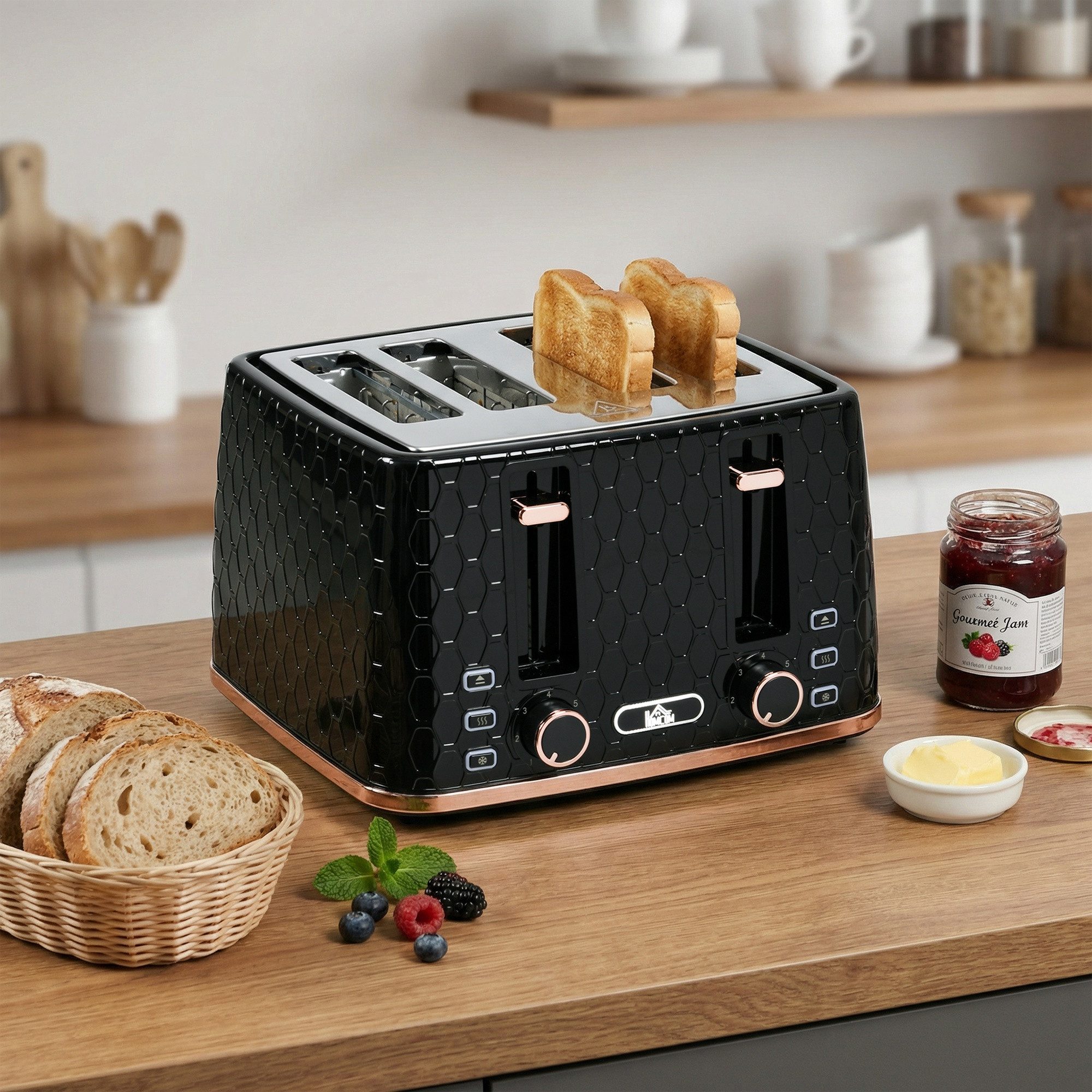 HOMCOM Toaster Edelstahl, mit Brötchenaufsatz, Krümelschublade, Schwarz, 4 kurze Schlitze, für 4 Scheiben, 1860 W, Automatische Abschaltung, 7 Bräunungsstufen