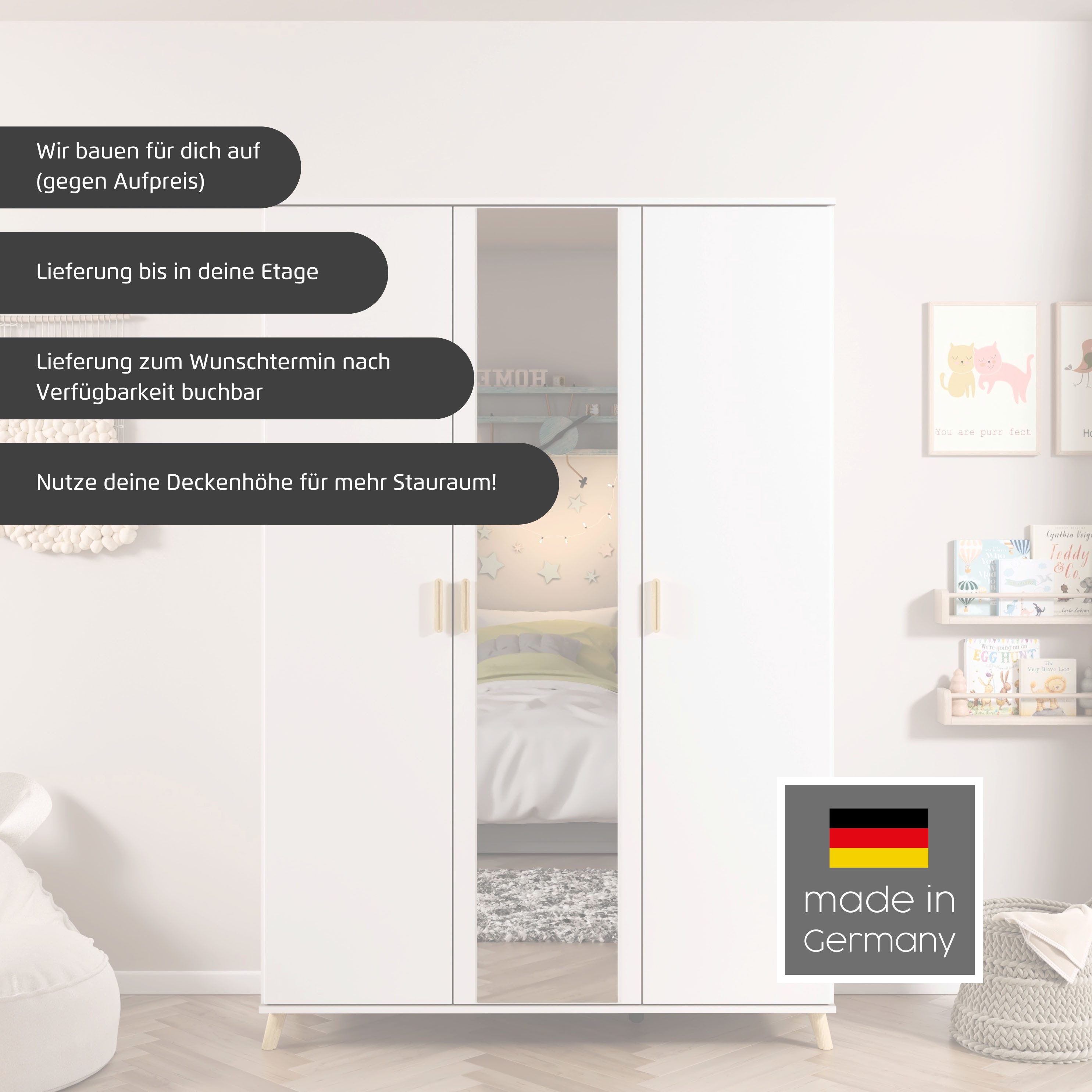 rauch Kleiderschrank Skandi Kinderzimmer Schlafzimmerschrank FALUN (Breite 92/137/182, Höhe 203 cm) im modernen Skandi-Look, Füße/Griffe Eiche massiv MADE IN GERMANY