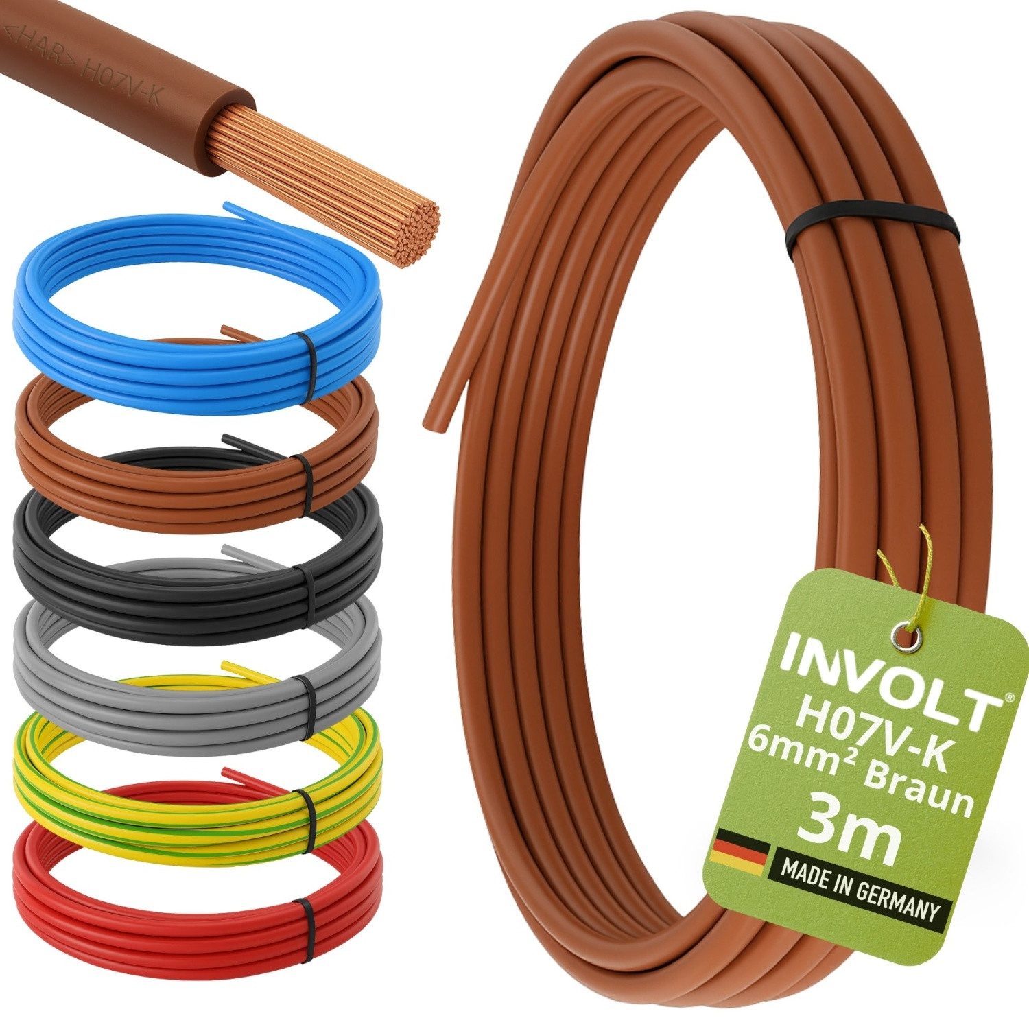 INVOLT H07V-K 6/10mm² 6 Farben Aderleitung, Verdrahtungsleitung (3 - 100 m) Stromkabel, (300 cm), Made in Germany