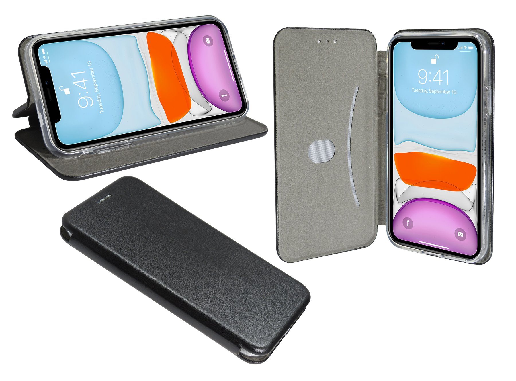 cofi1453 Handyhülle Hülle Tasche für Apple iPhone 11, Kunstleder Schutzhülle Handy Wallet Case Cover mit Kartenfächern, Standfunktion Schwarz