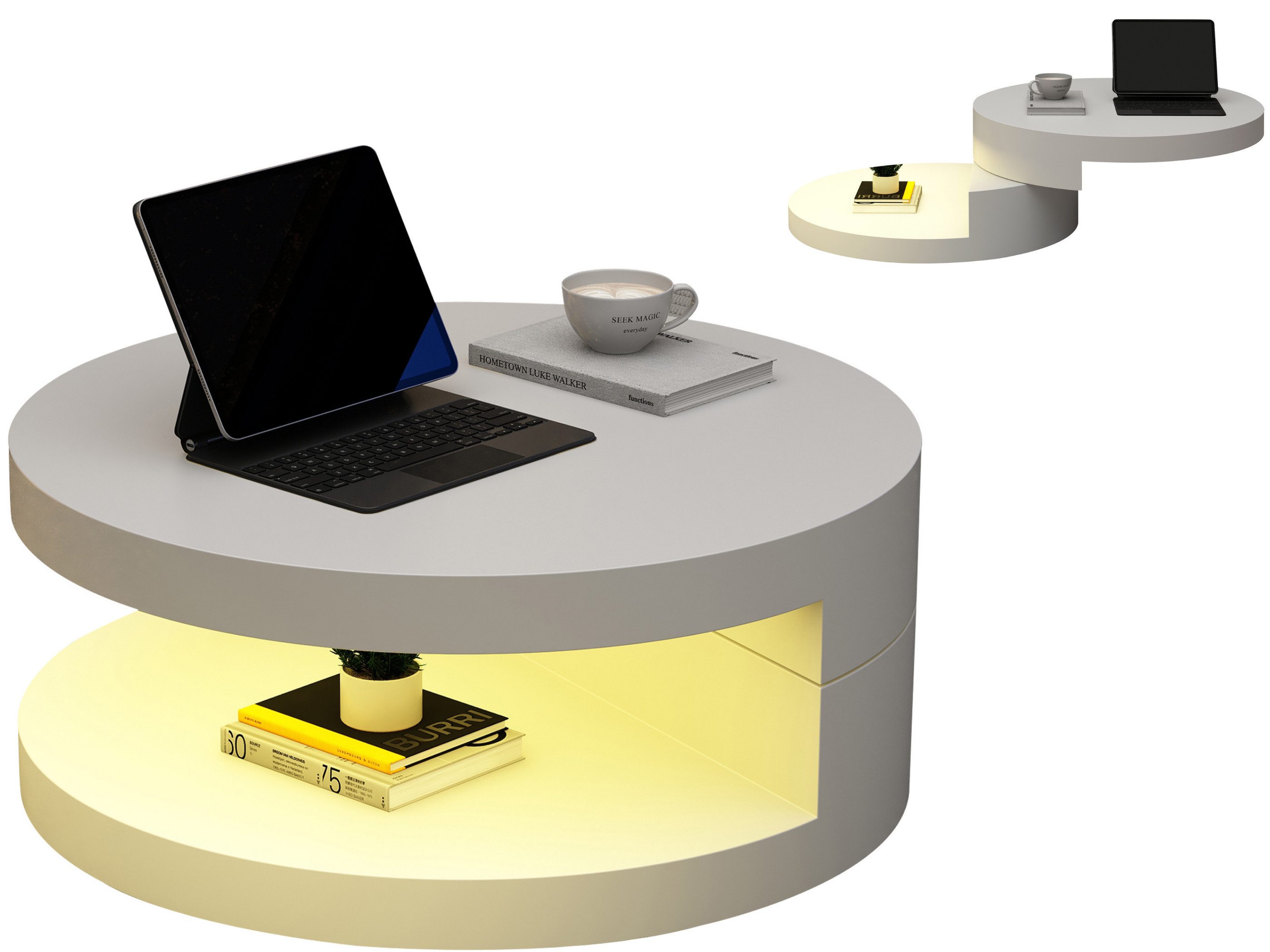 SeedWave Couchtisch Runder Sofatisch LED Wohnzimmertisch mit 360-Grad Drehbarer Oberplatte, Doppelstöckiger Beistelltisch mit einstellbaren Lichtstreifen