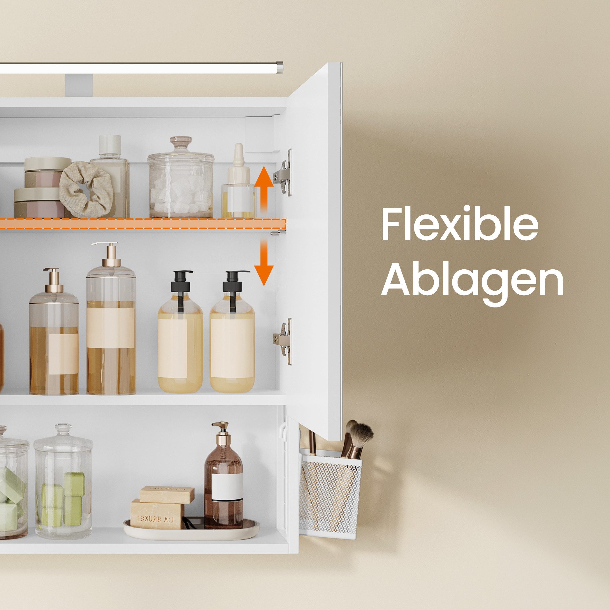 VASAGLE Spiegelschrank Badezimmerschrank, Badschrank, Wandschrank (mit LED-Beleuchtung) mit Stecker, Hängekorb, Haartrockner-Halter