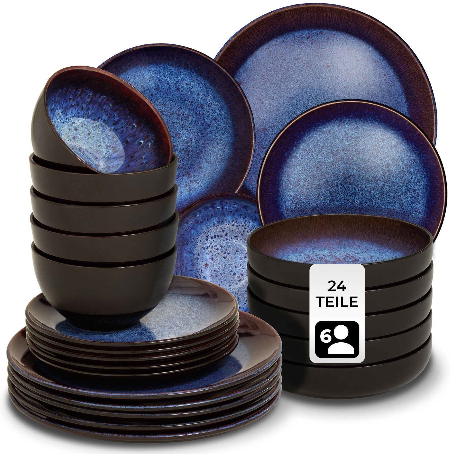 tectake Geschirr-Set Tafelservice (24-tlg), 6 Personen, Steingut, für 6 Personen, handgefertigt