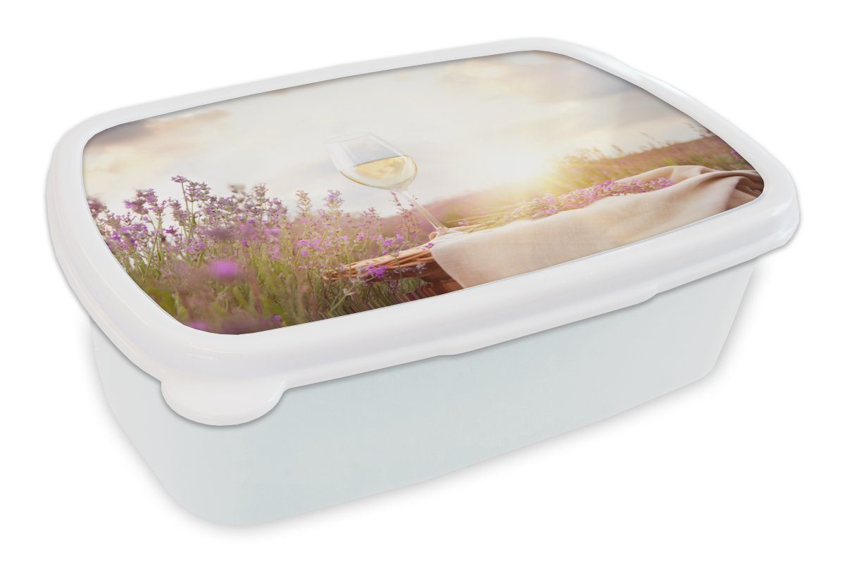 MuchoWow Lunchbox Lavendel - Wein - Frühling, Kunststoff, (2-tlg), Brotbox für Kinder und Erwachsene, Brotdose, für Jungs und Mädchen weiß