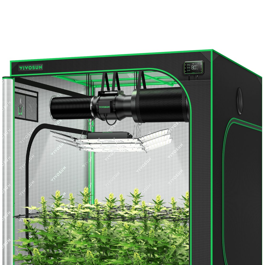 VIVOSUN Gewächshaus VIVOSUN Smart Growbox Komplettset, BxTxH: 150 x 150 x 200 cm, Komplettset inkl. Beleuchtung, Belüftung und WLAN-Steuerung, 3x 200W LED-Lampe, G6-Abluftsystem und E42A Smart-Controller