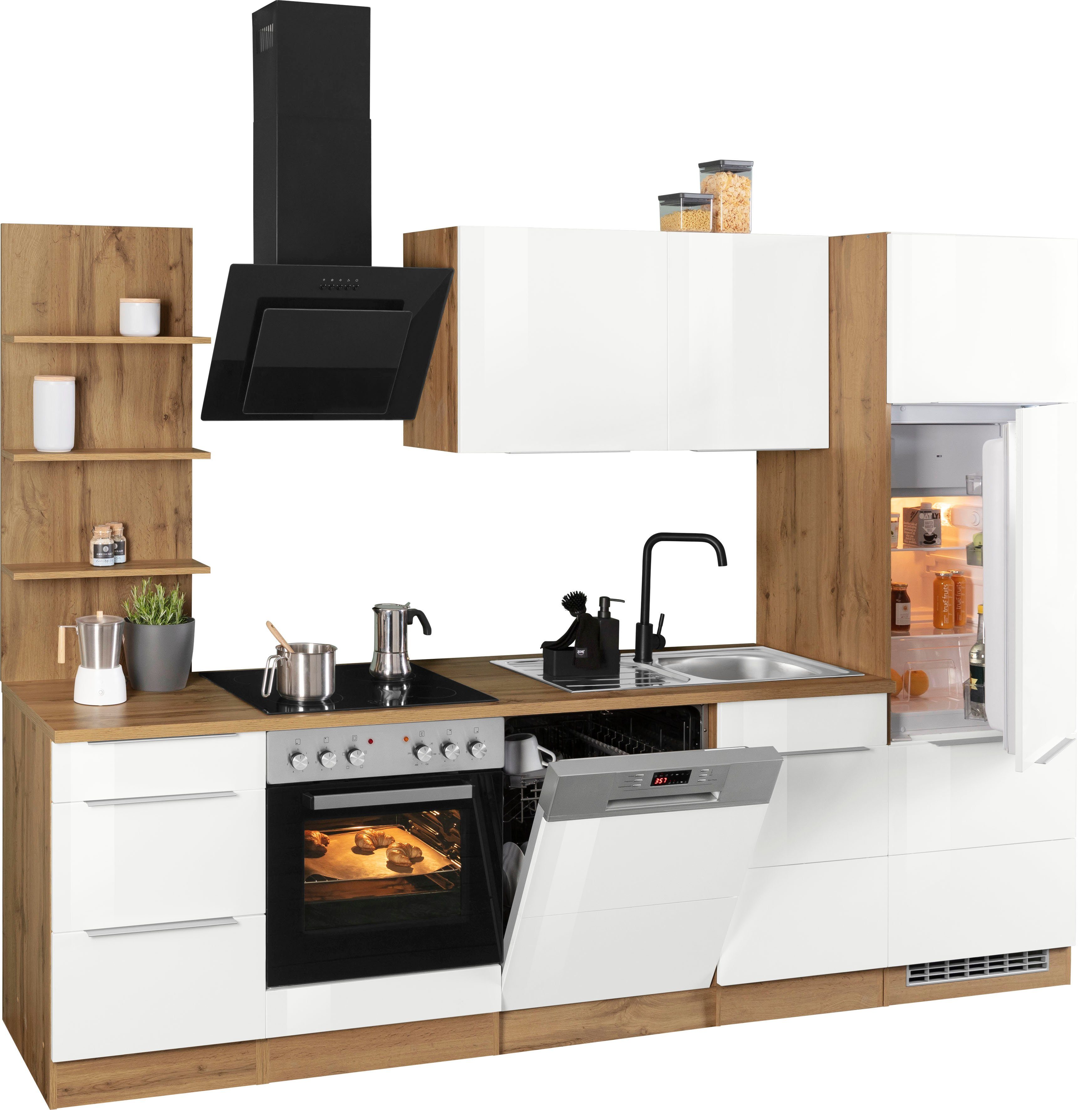 HELD MÖBEL Küchenzeile Brindisi, mit E-Geräten, Hochglanz/wotaneichefarbe wotaneichefarben cm | 280 weiß Breite