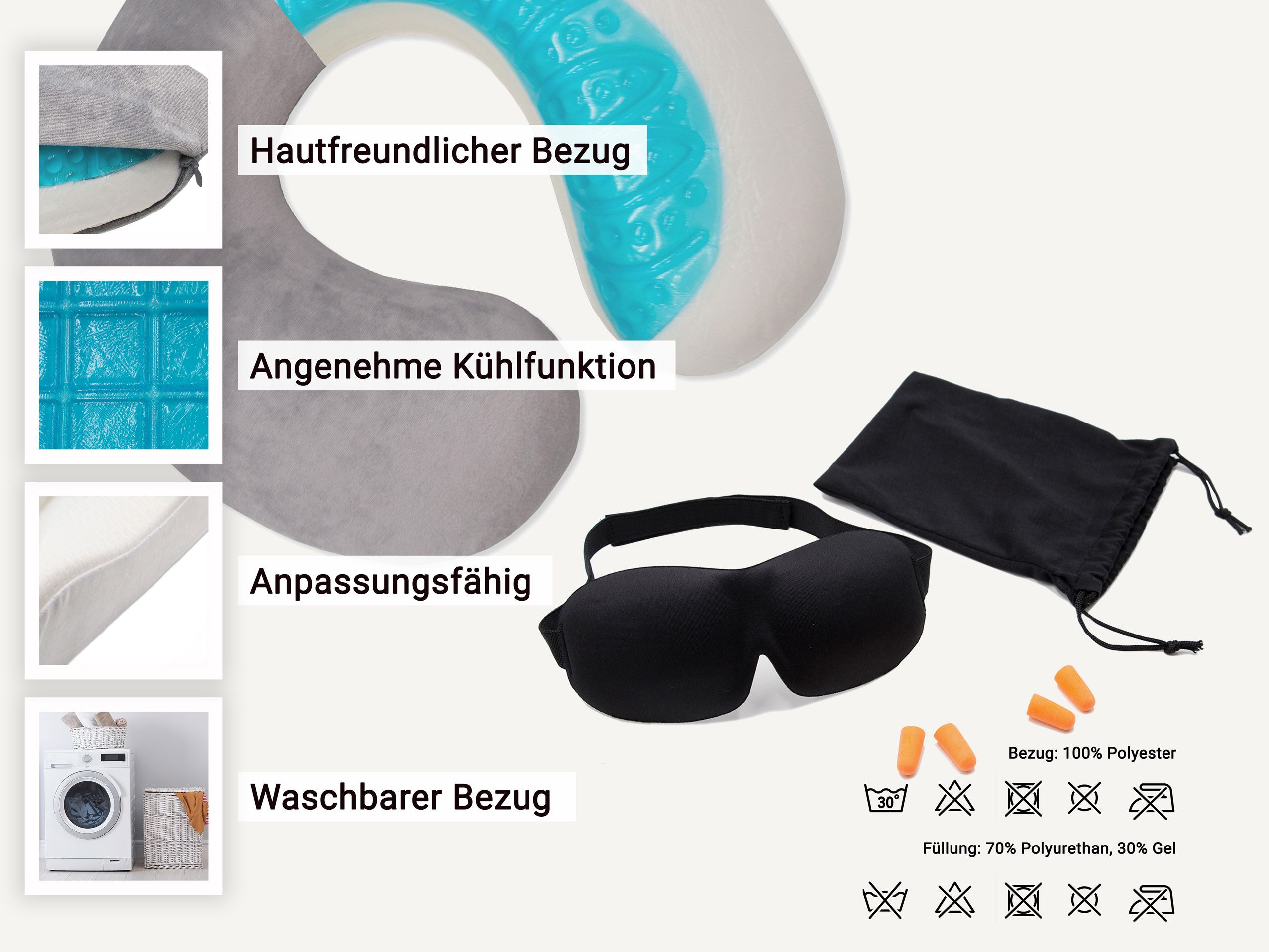 ZOLLNER Schlafmaske, 3D Schlafmaske, 2 Paar Ohrstöpsel, Aufbewahrungsbeutel, Nackenhörnchen