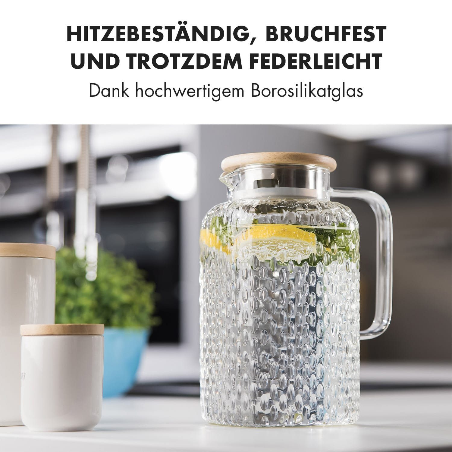Wasserkrug Liter, 1,5 Glaswerk Frischhaltedose Livenza Klarstein Borosilikatglas