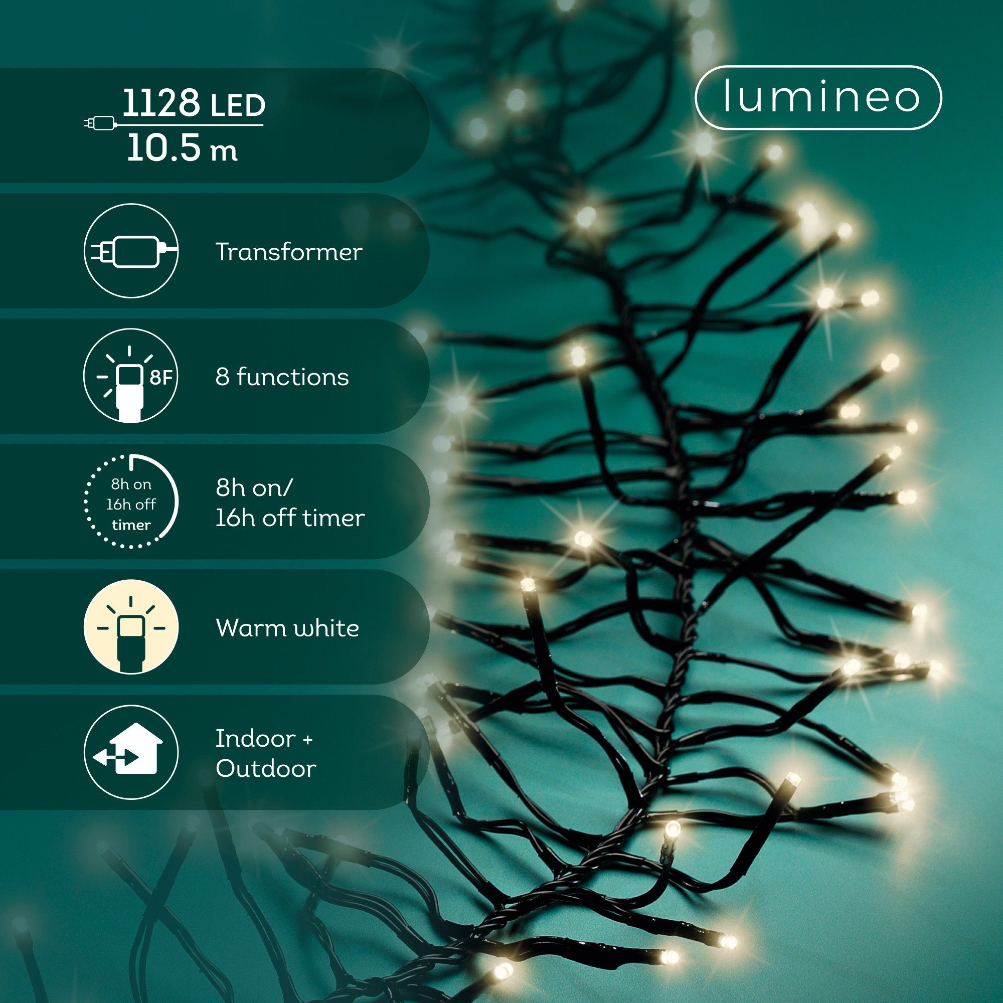 Lumineo LED-Lichterkette Lumineo Lichterkette CLUSTER TWINKLE 1128 LED 10,5m warm weiß, schwarz, Indoor/Outdoor, 8 Effekte, 8h-Timer, + 5 Meter Zuleitung – Bild 2 von 5