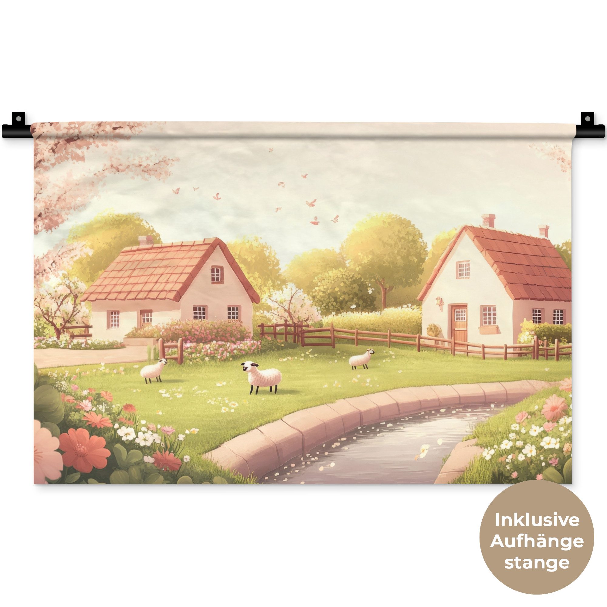 MuchoWow Wandteppich Schafe - Hütte - Landleben, Rechteckig, Höhe: 3 mm, Wandteppich für Wohnzimmer, Schlafzimmer, 60x40 cm