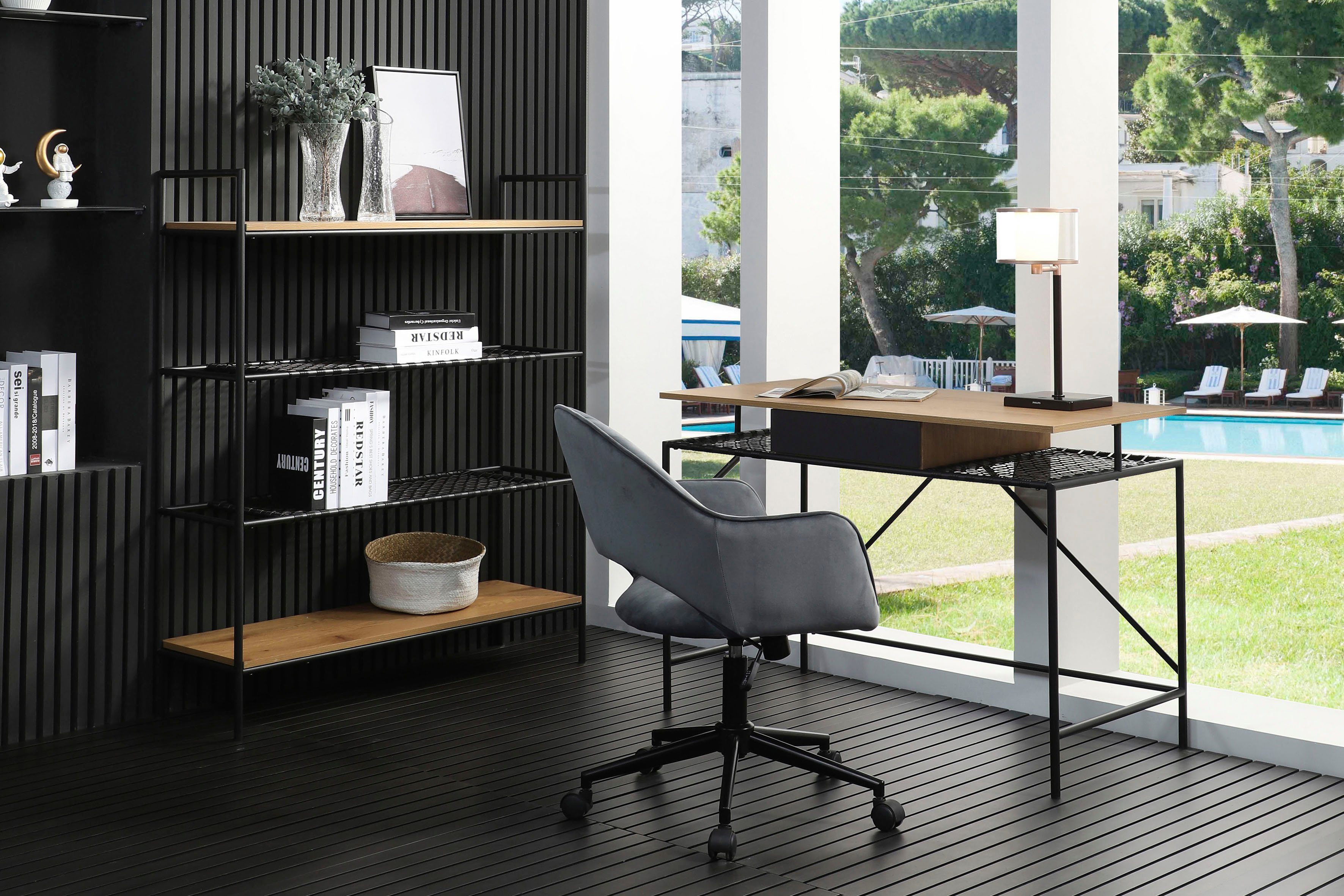 SalesFever Schreibtisch York Arbeitsplatz Deluxe, Metallrahmen-Ablage mit Polyrattan in Geflechtoptik