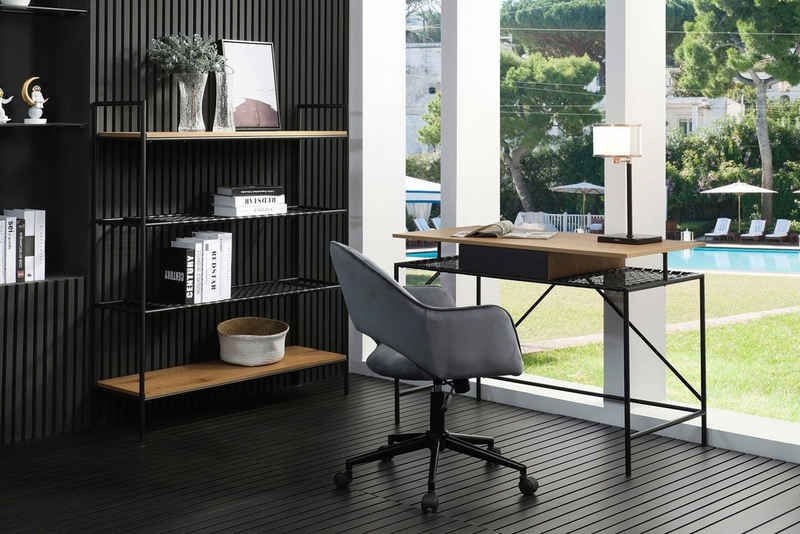 SalesFever Schreibtisch, Ablagefläche aus Metallrahmen und mattschwarzem Polyrattan in Geflechtoptik