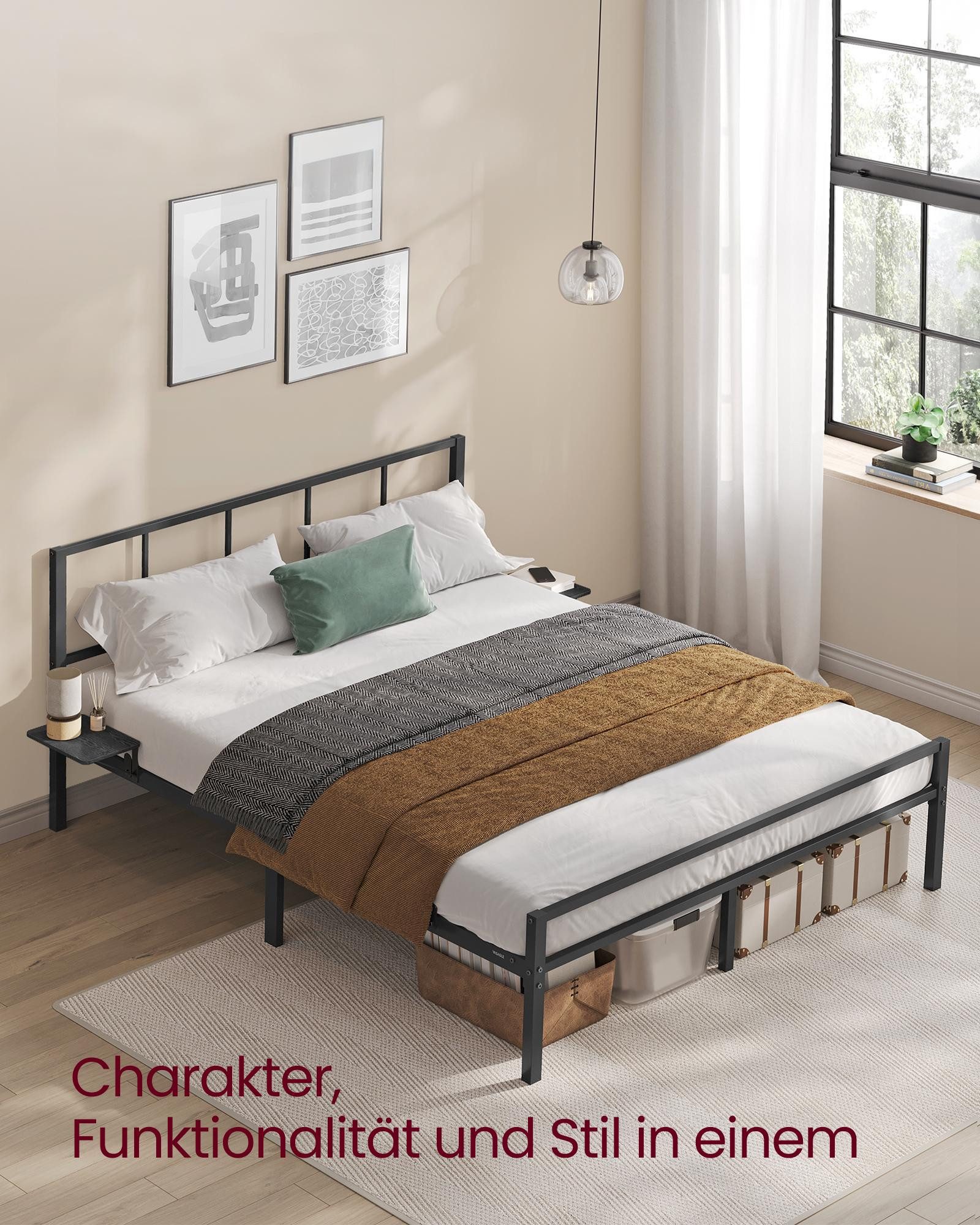 VASAGLE Bettgestell (1-tlg., mit Kopfteil, mit 2 Ablagen), 140 x 200 cm, Do günstig online kaufen