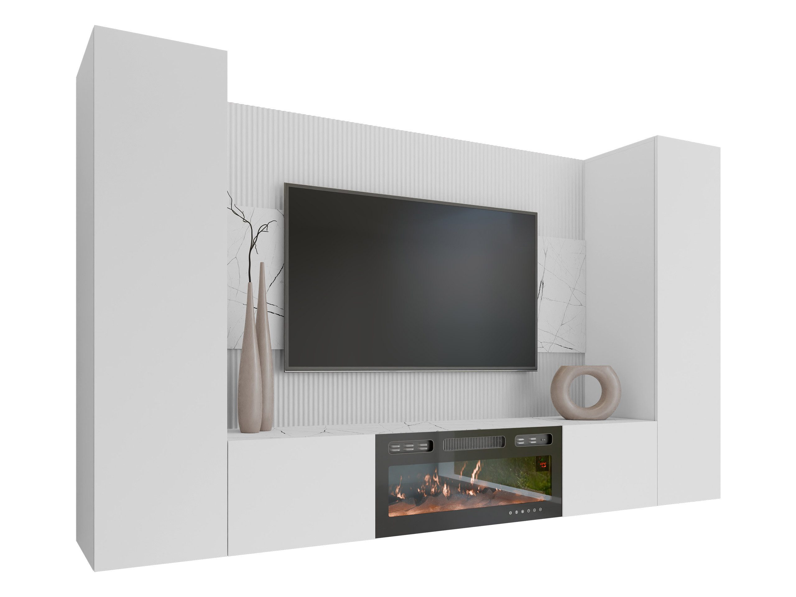 MIRJAN24 Wohnwand Deromi V mit Kamin, (4er-Set, TV-Lowboard mit Wandpaneel, 2x Hängeschrank), Realistische LED-Flamme, Push to open