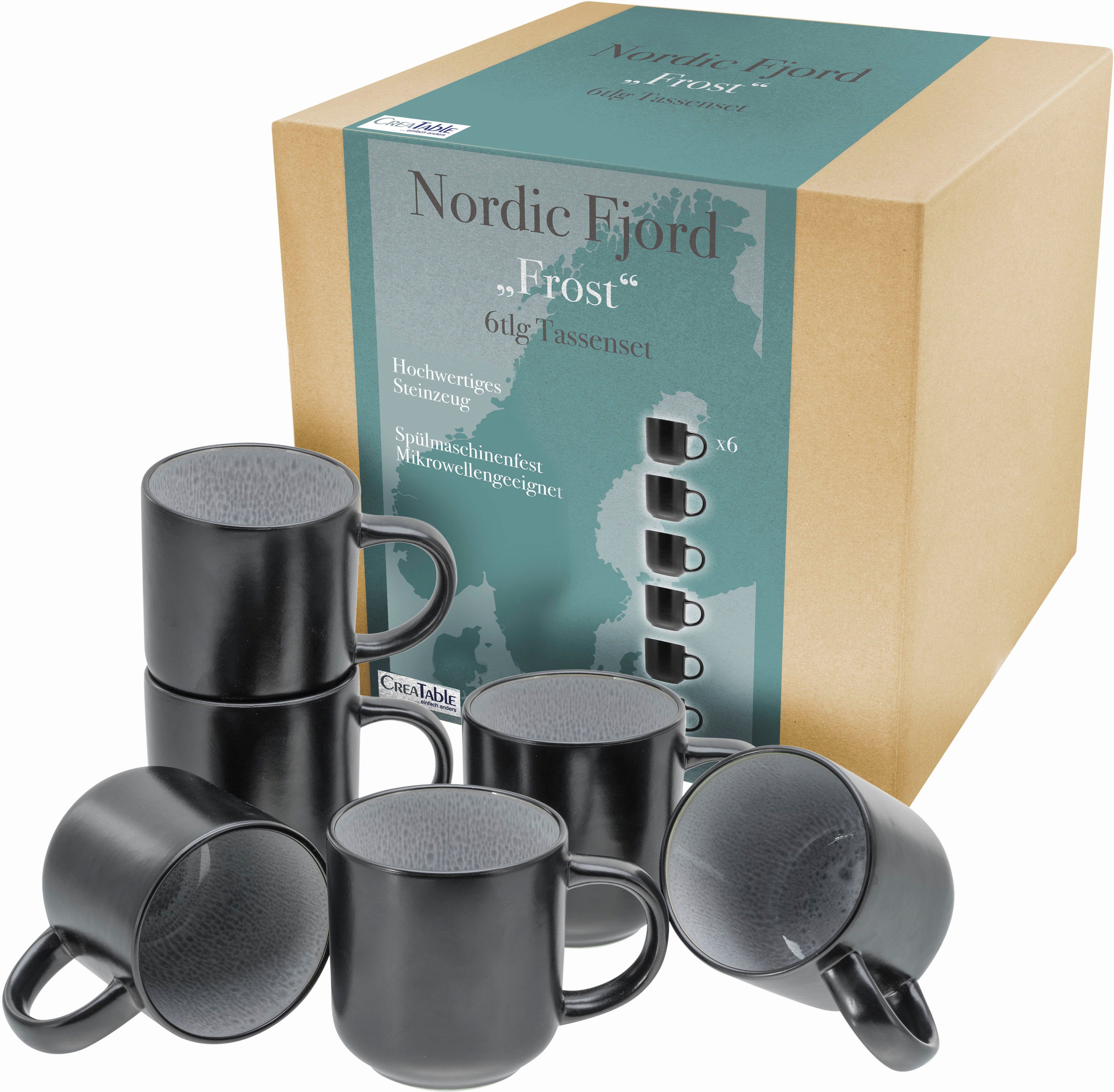 CreaTable Becher Nordic Fjord, Steinzeug, Kaffeebecher, Tassen Set, 6-teilig, 285 ml | Becher