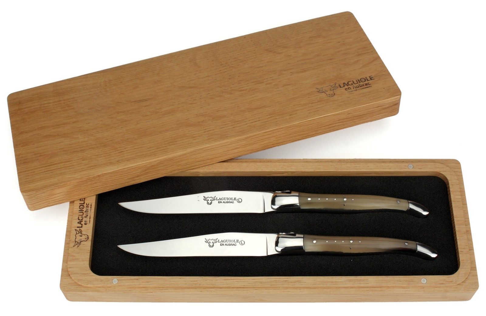 Laguiole en Aubrac Steakmesser 22C99PCIH 2er Set - Griff Hornspitze - Backen glänzend - Klinge glanz - Holzbox