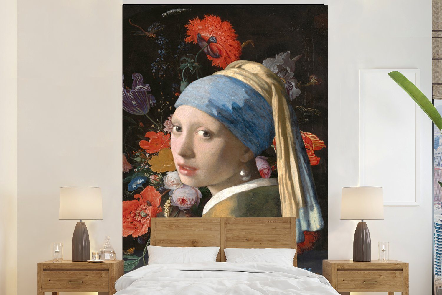 MuchoWow Fototapete Das Mädchen mit dem Perlenohrring - Johannes Vermeer - Blumen, Matt, bedruckt, (3 St), Montagefertig Vinyl Tapete für Wohnzimmer, Wandtapete | Fototapeten