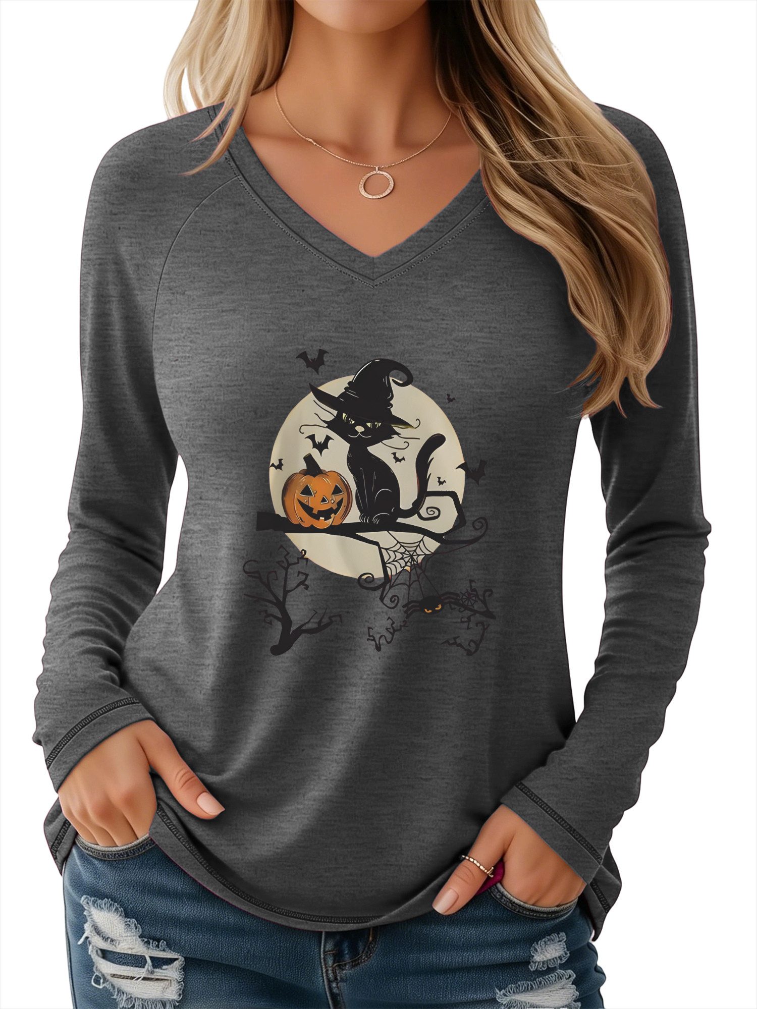 PYLIKE V-Shirt Shirts Damen Casual Halloween Ausgefallene bequemes Langarmshirt