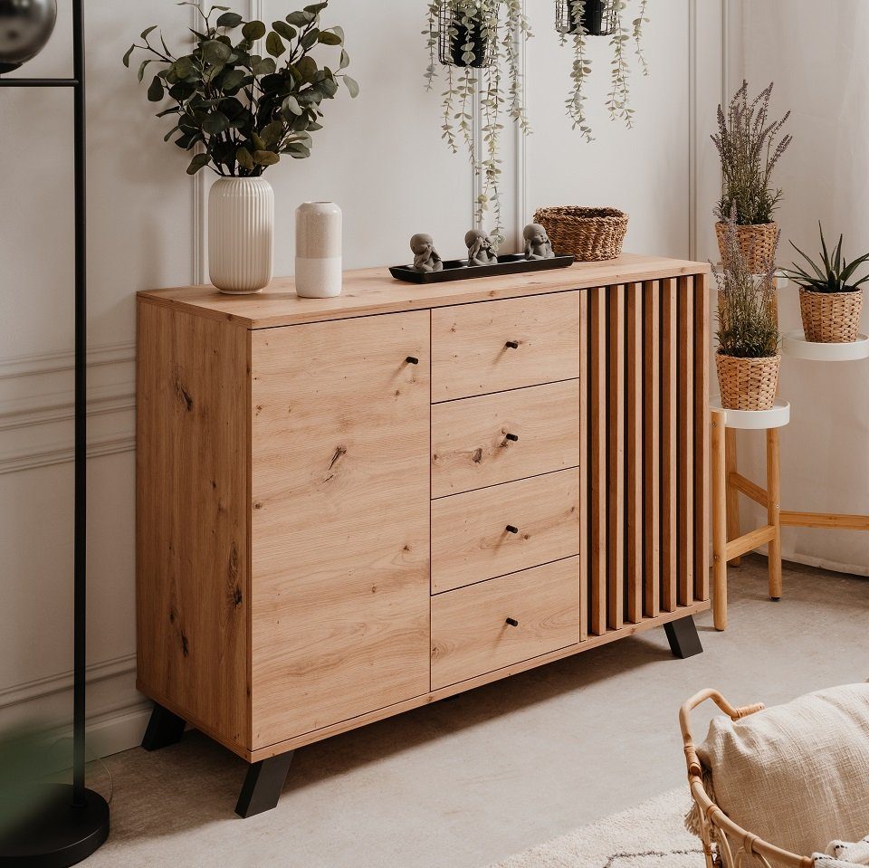 Finori Sideboard Kommode Sideboard Medan, mit 3D-Lamellen, Artisan Eiche / anthrazit