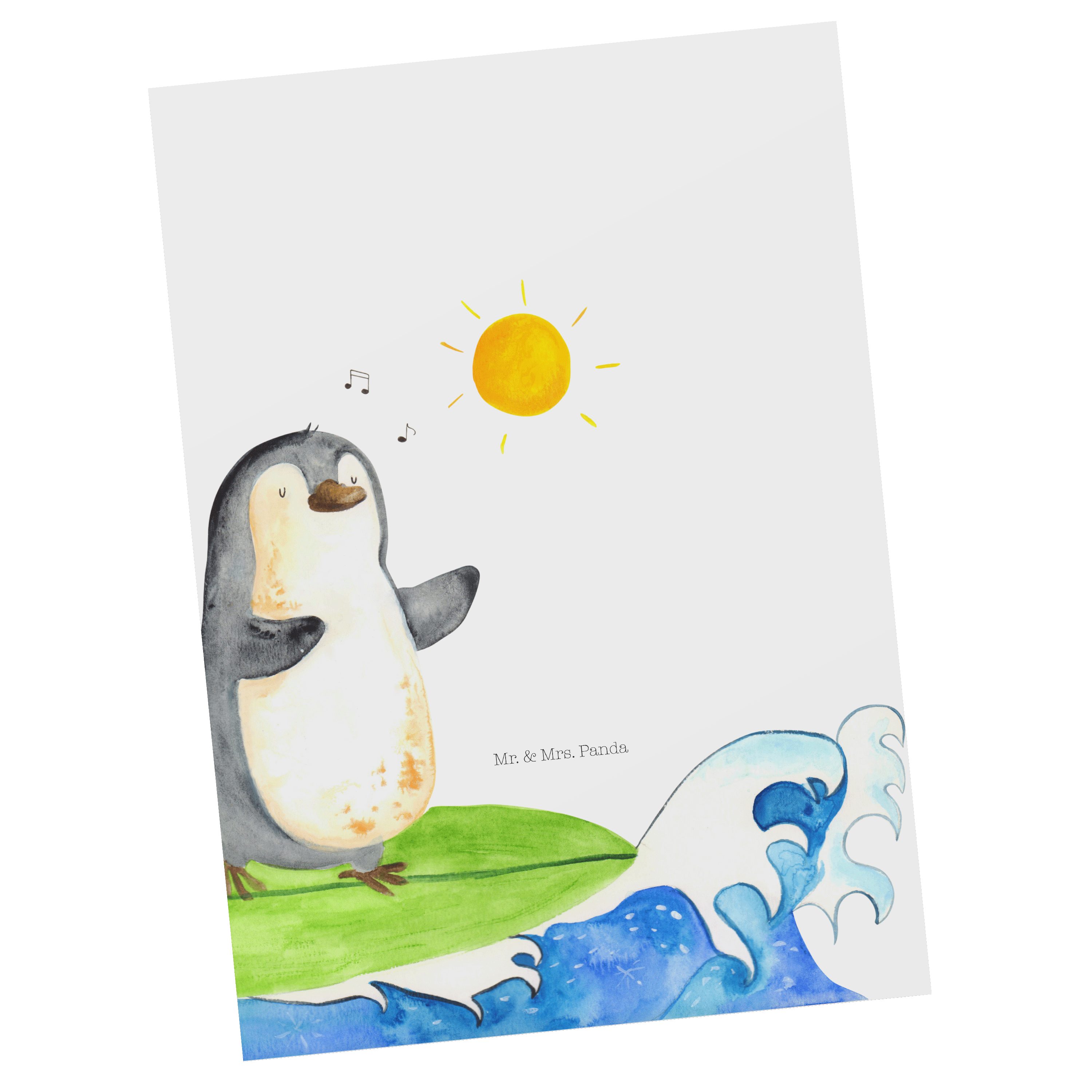 Mr. & Mrs. Panda Postkarte Pinguin Surfer - Weiß - Geschenk, Karte, Grußkarte, Hawaii, Wellen, G