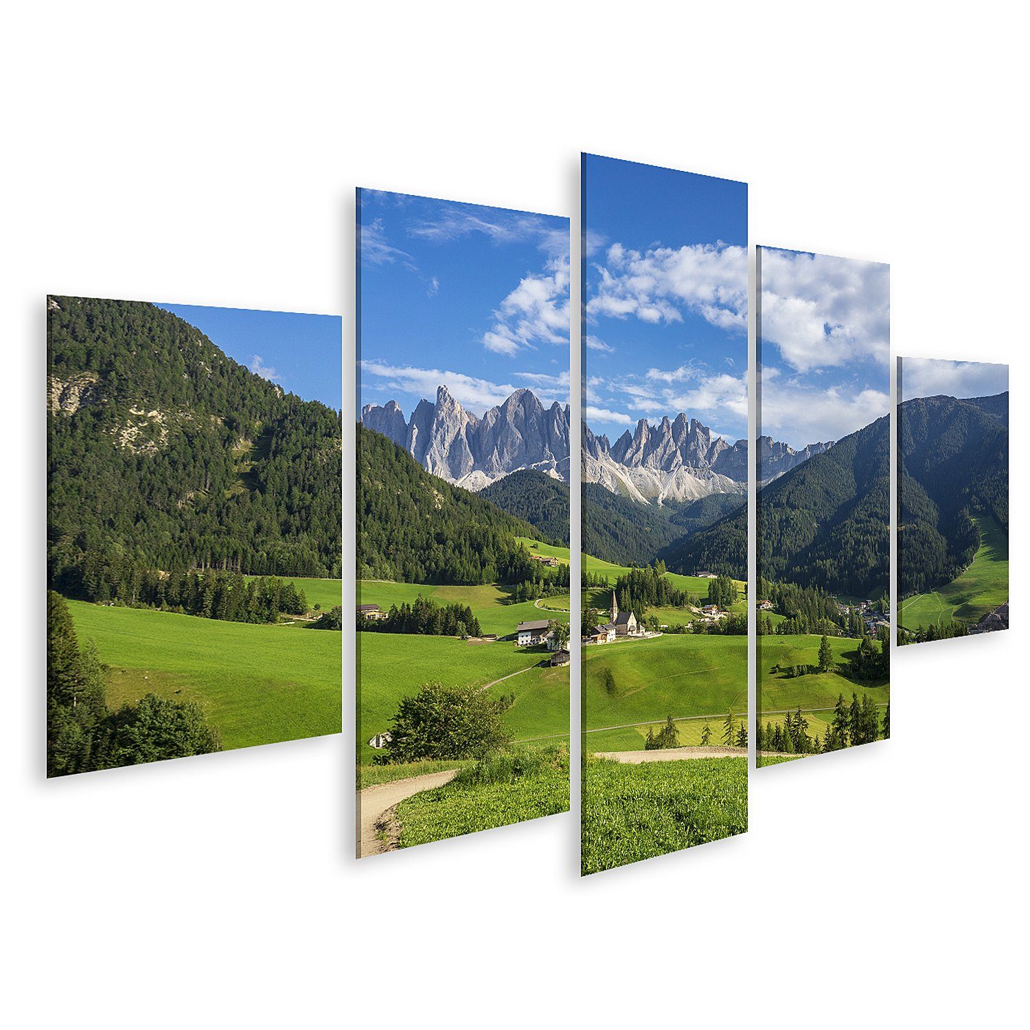 5-teilig Südtirol auf Bild Landschaftsbild Kunstdruck 170x80cm Leinwandbild Dorf islandburner Poster Santa Leinwand Bilder Maddalena Dolomiten Wandbild
