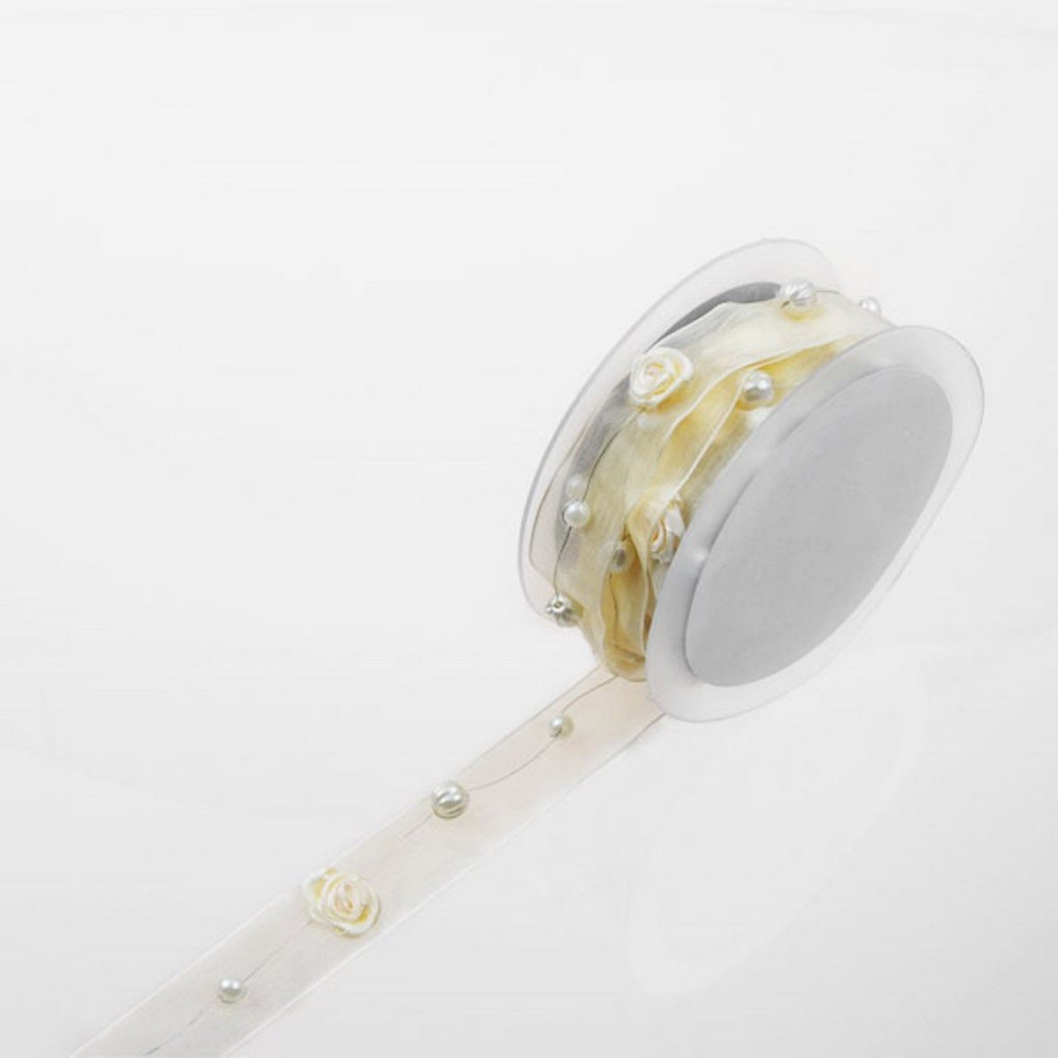 Deko AS Dekoobjekt Dekoband Organza Creme-Weiß mit Satinrosen & Perlen – 25mm breit, 2 R
