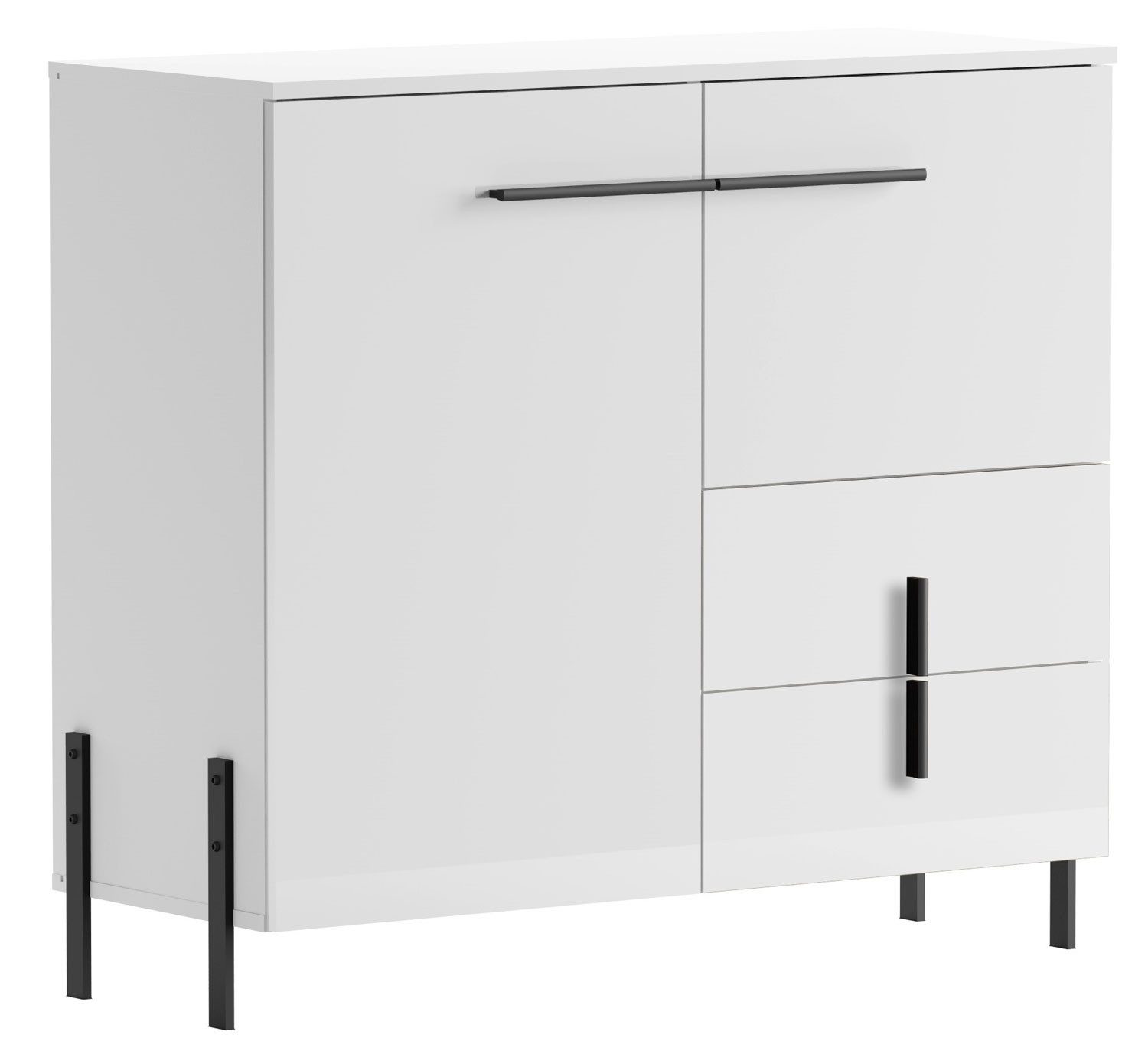 Feldmann-Wohnen Kombikommode Vigo (2 Türen, 2 Schubladen mit Kugelauszug, 1 Einlegeboden, 1 St., moderne Optik, Kunststoffgriffe & Metallfüße in schwarz matt), 100x40x91cm Korpus weiß / Front weiß Hochglanz