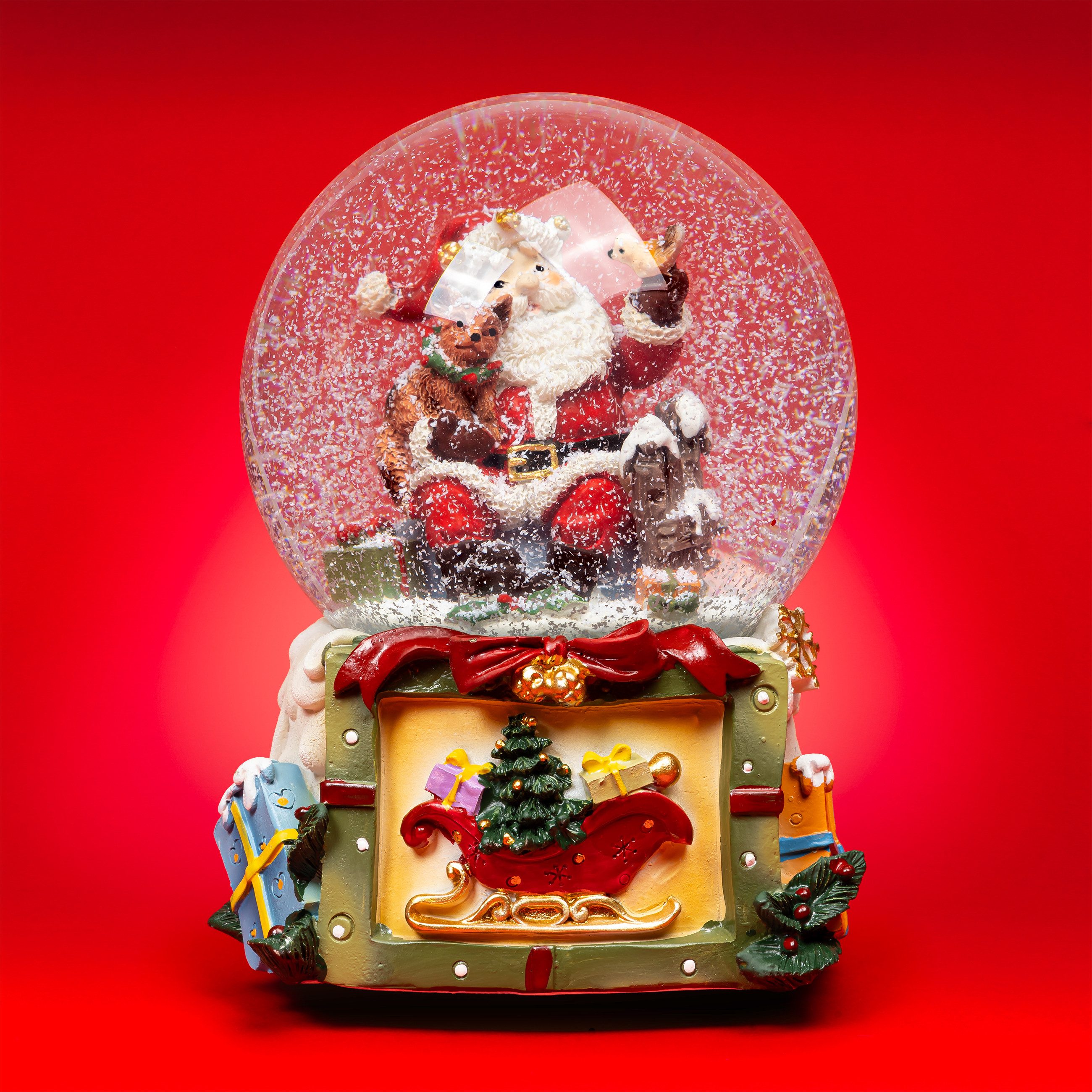 SIKORA Schneekugel SK21 Große Glas Schneekugel und Spieldose Weihnachtsmann D:100mm, mit Katze und Vogel