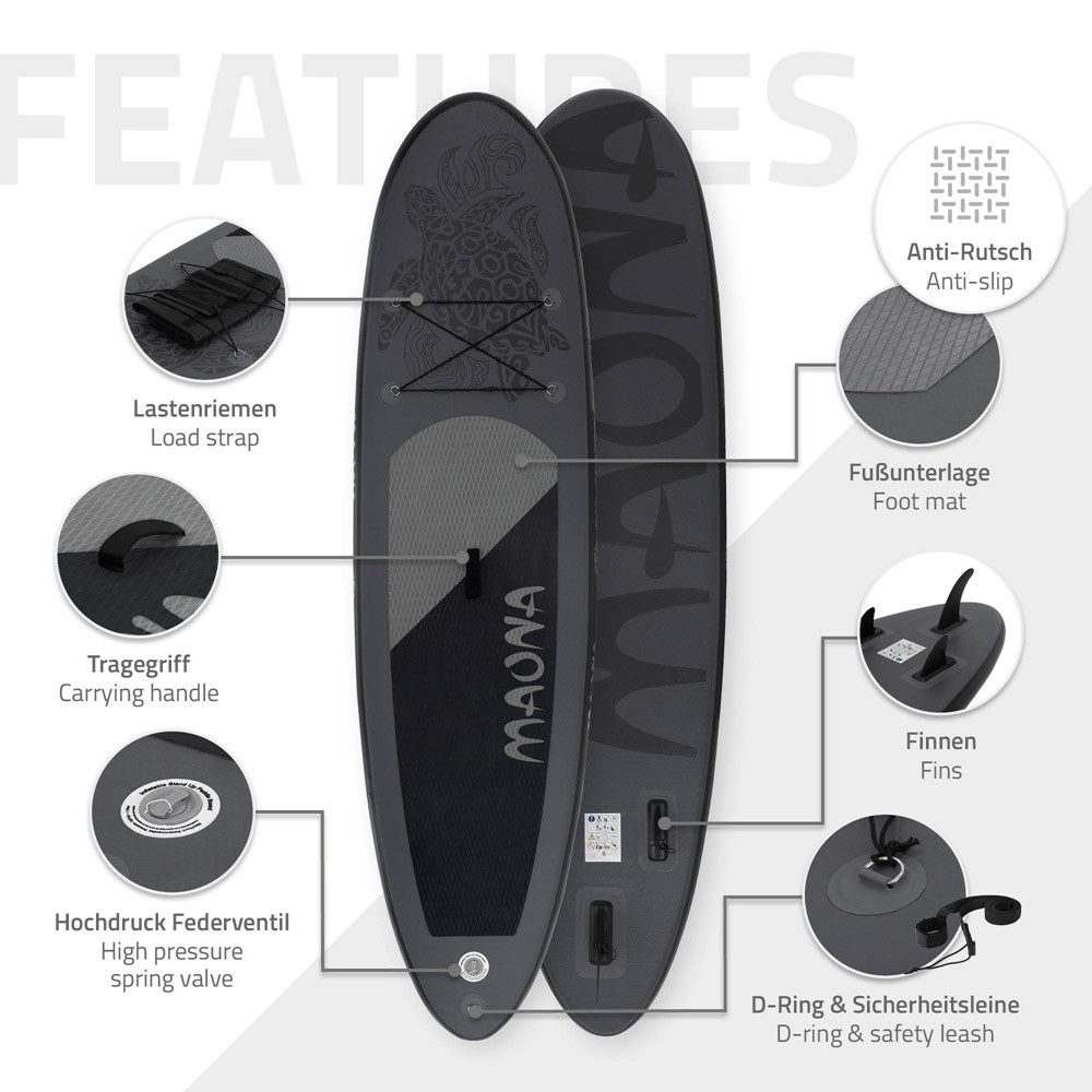 ECD Germany SUP-Board Stand Up Paddle Board aus PVC Maona Paddling Board, Stand-Up Paddle-Board, 308 cm SUP 120 kg schwarz aufblasbar 10 cm Drop-Stitch inkl Zubehör