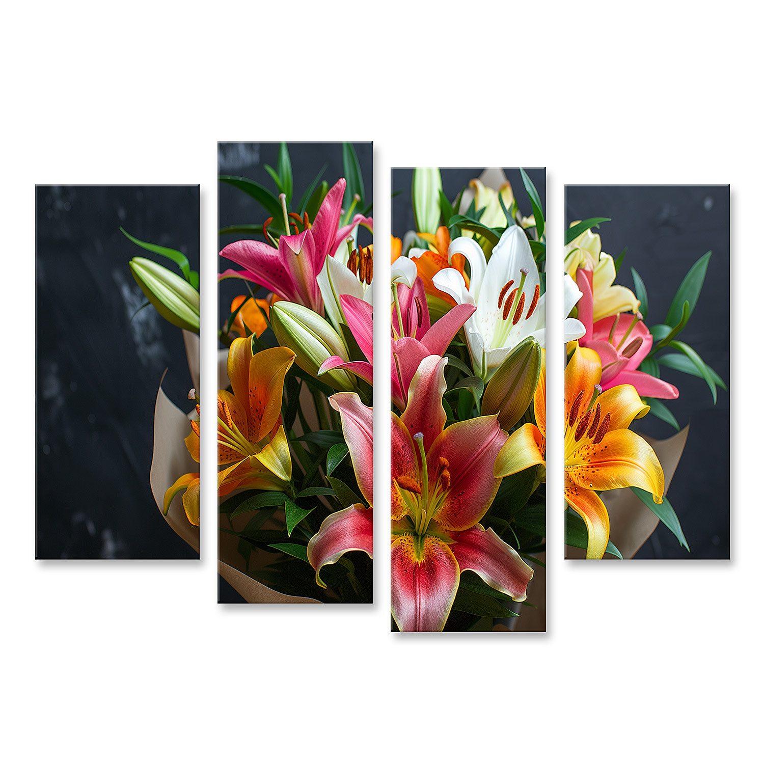 islandburner Leinwandbild, Farbenpracht von Lilien im Bouquet