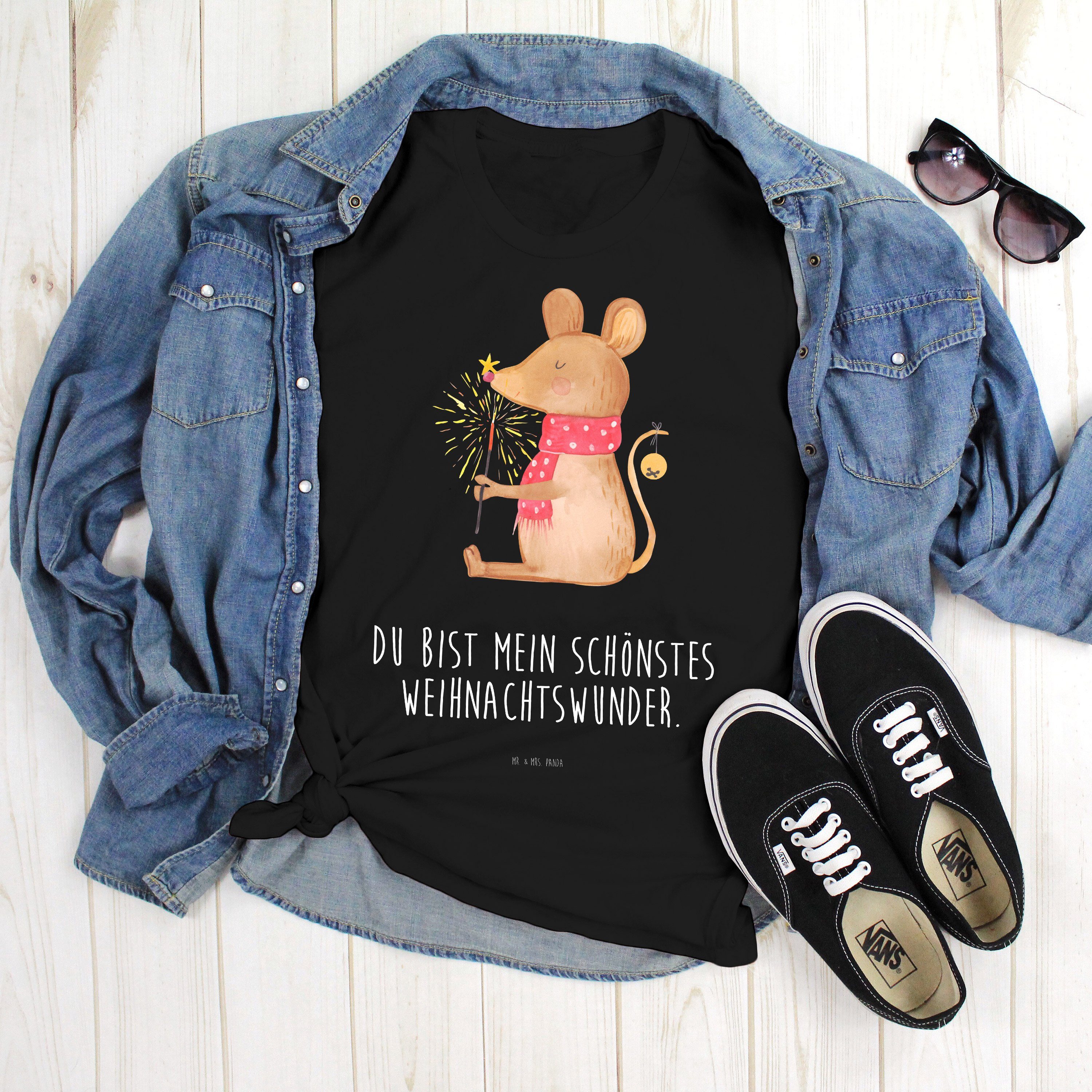 Mr. & Mrs. Panda T-Shirt Maus Weihnachten, Shirt, Schwarz, Shirt, Weihnachten, Frohe, Weihnach (Packung) T-Shirt mit Aufdruck Statementshirt T-Shirt Größe S
