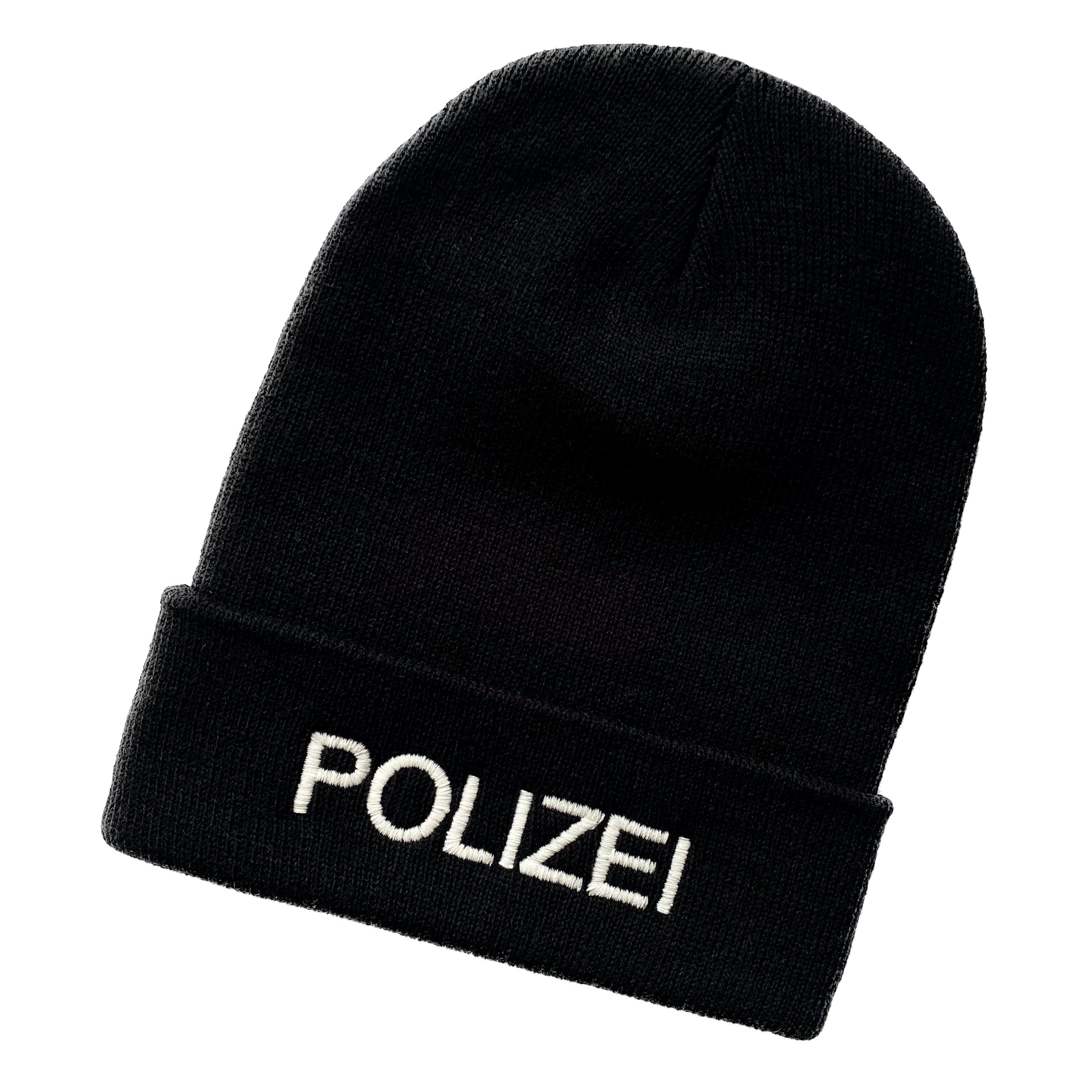 Schnoschi Strickmütze Strickmütze mit Polizei Umschlag Umschlag mit (Beanie mit bestickt schwarz Mütze) breiten