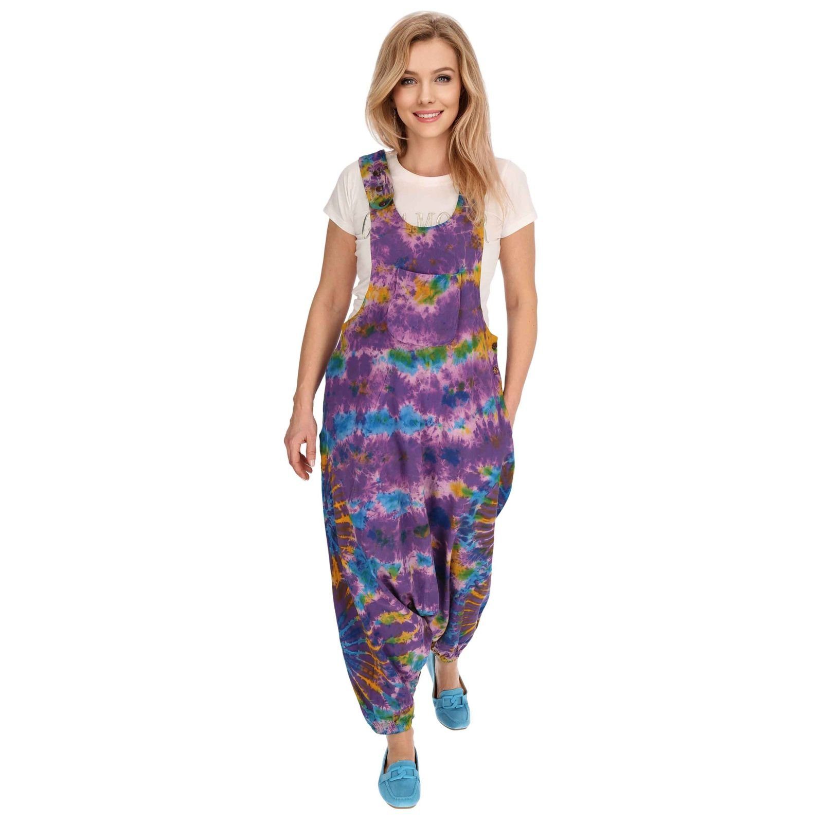 Latzhose UND Jumpsuit Psy / KUNST Dye Lila Batik Tie Bunt Haremshose 70er Boho MAGIE Purple Hose Latzhose