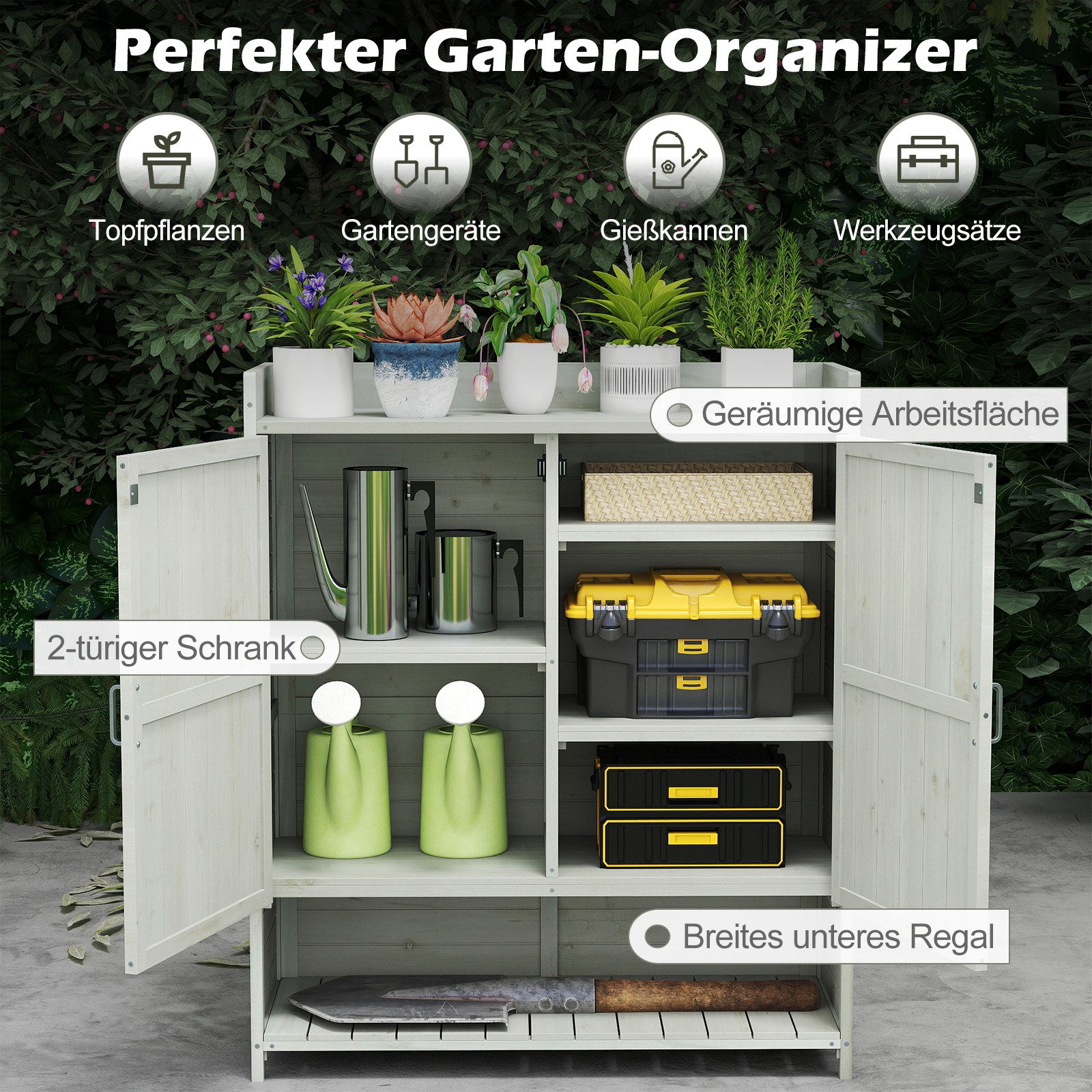 COSTWAY Pflanztisch (1-St), Gartenarbeitstisch, Gartenschrank mit Arbeitsplatte, Regale